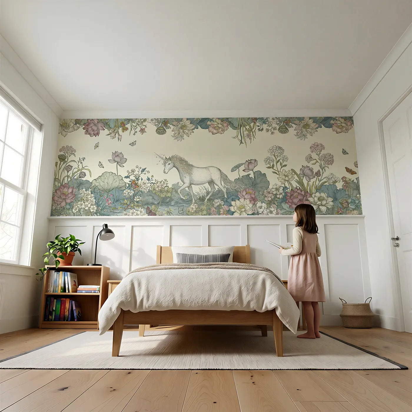 Child reading near Unicorn Lotus Garden Path Wainscoting Wallpaper by Whimsy Tots