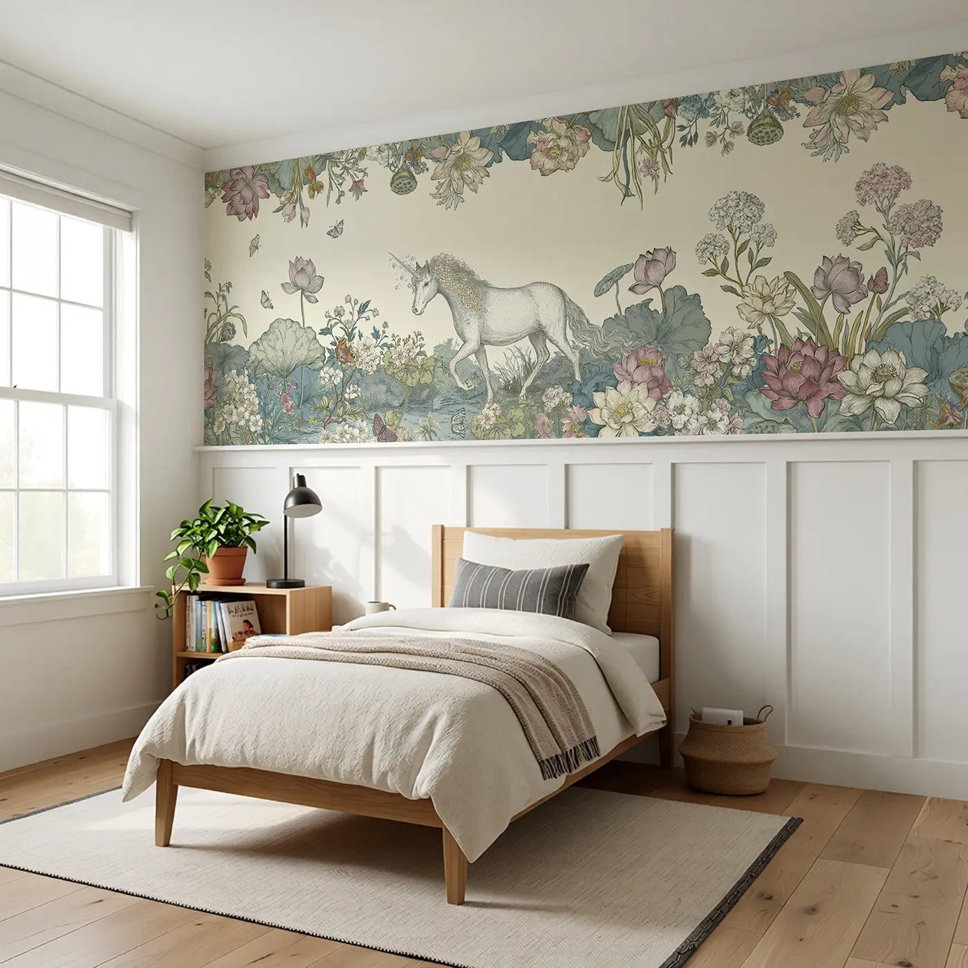 Unicorn Lotus Garden Path Wainscoting Wallpaper styled in a kids bedroom by Whimsy Tots