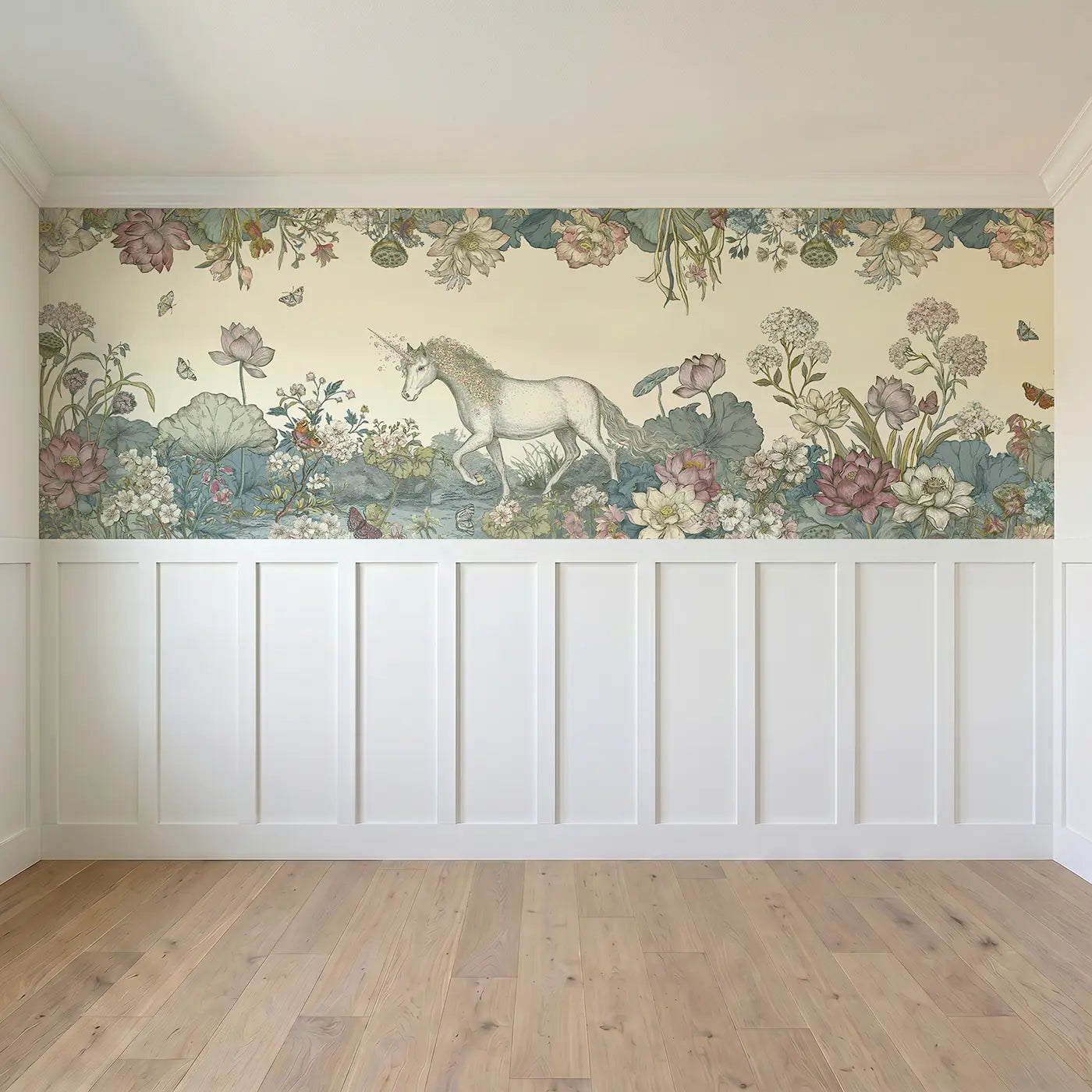 Full panel view of Unicorn Lotus Garden Path Wainscoting Wallpaper by Whimsy Tots