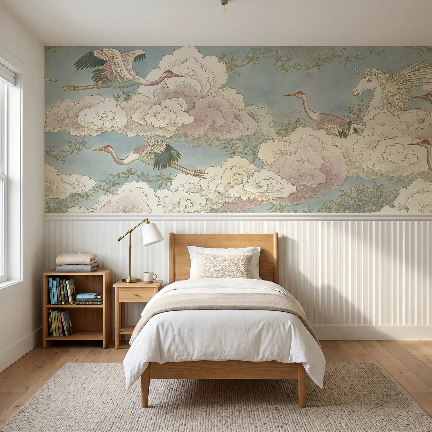 Botanical Elegance pegasus cloud crane meeting toile wainscoting wallpaper for bedroom by Whimsy Tots