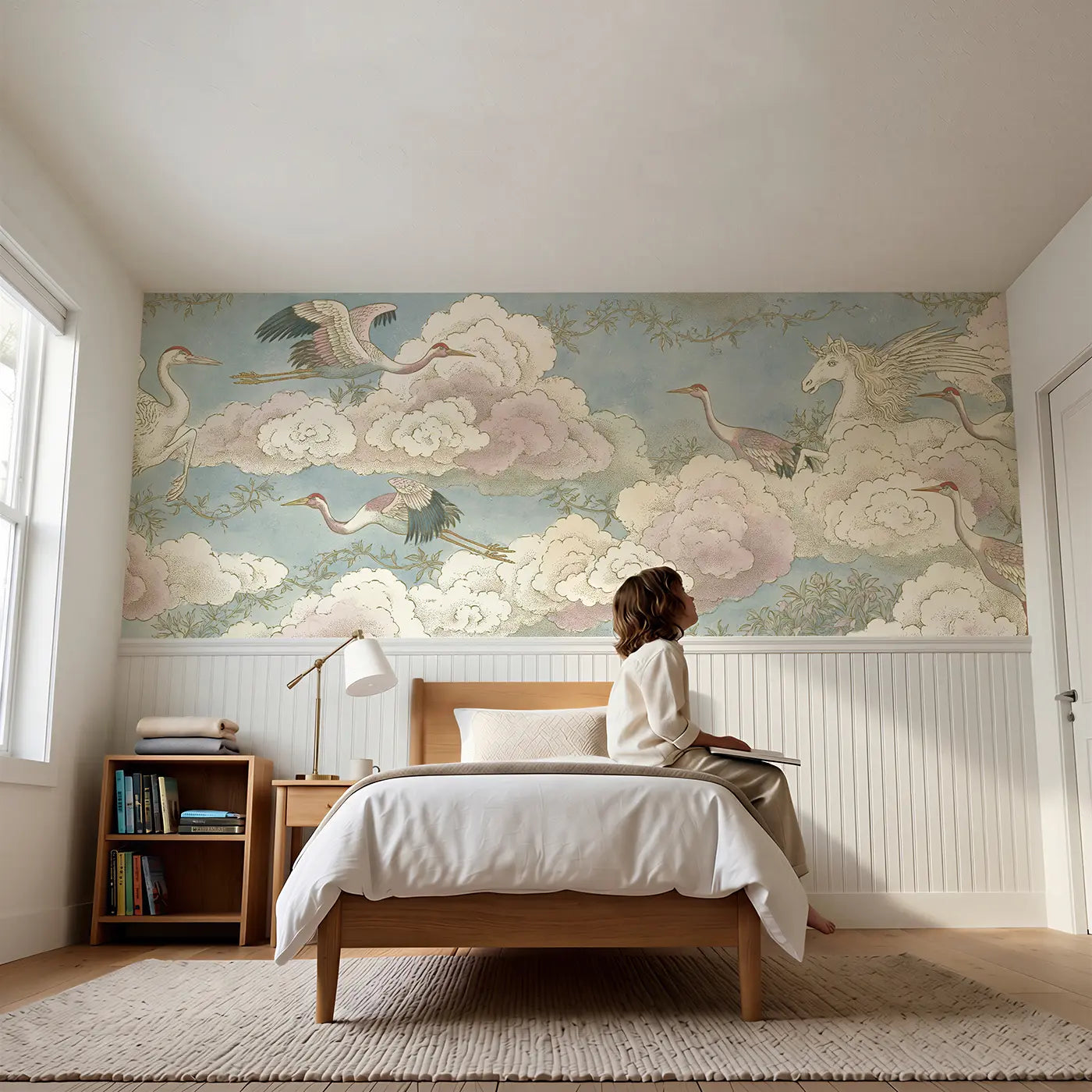 Child reading near Pegasus Cloud Crane Meeting Wainscoting Wallpaper by Whimsy Tots