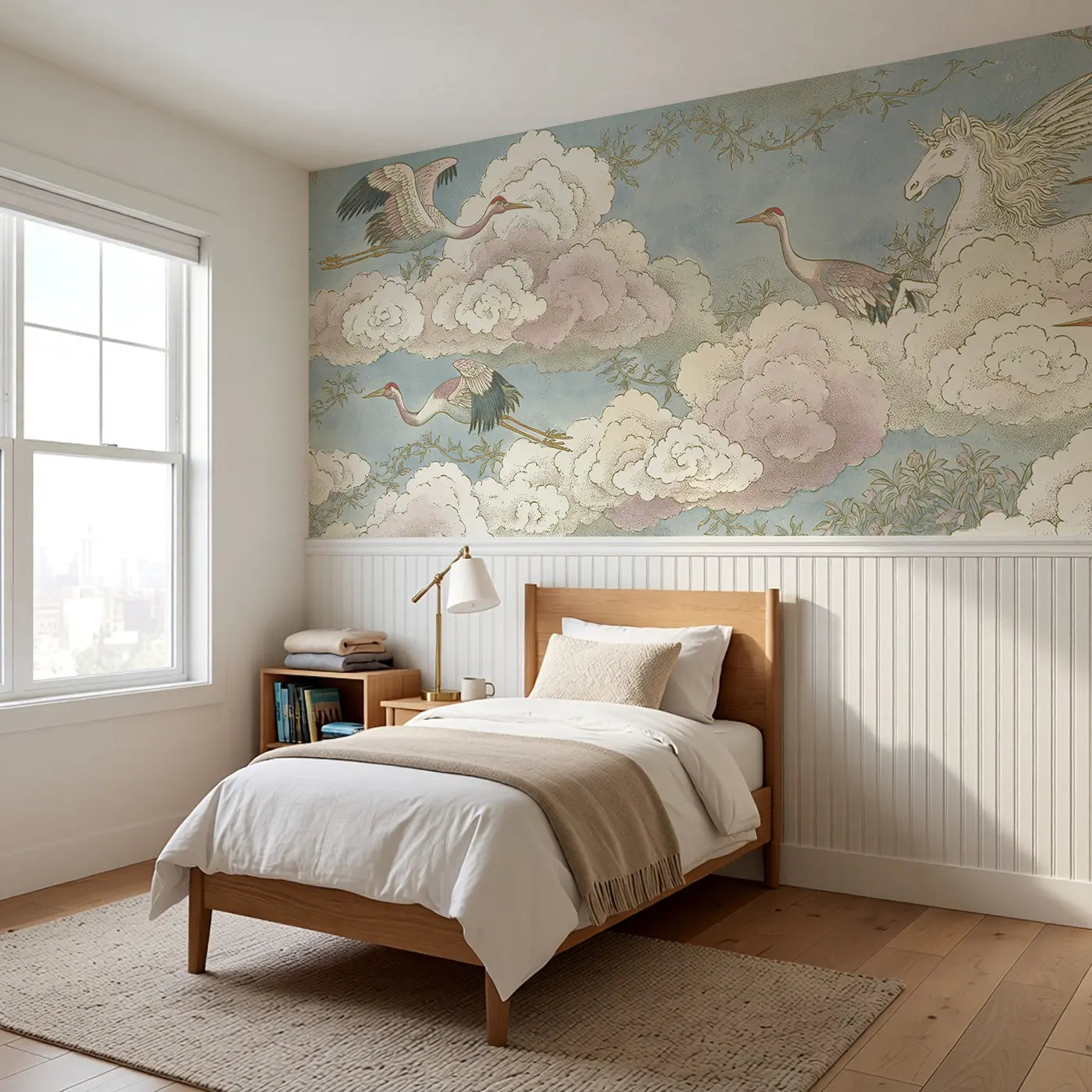 Pegasus Cloud Crane Meeting Wainscoting Wallpaper styled in a kids bedroom by Whimsy Tots