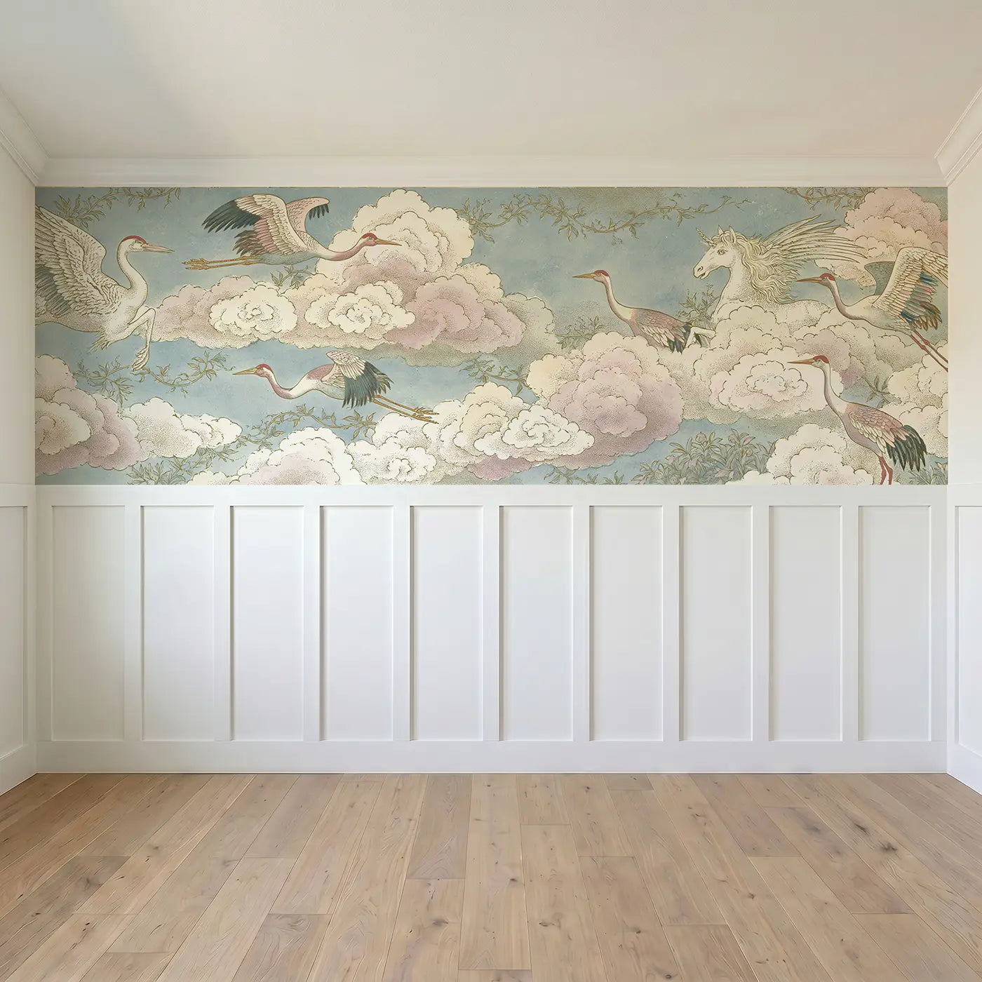 Full panel view of Pegasus Cloud Crane Meeting Wainscoting Wallpaper by Whimsy Tots