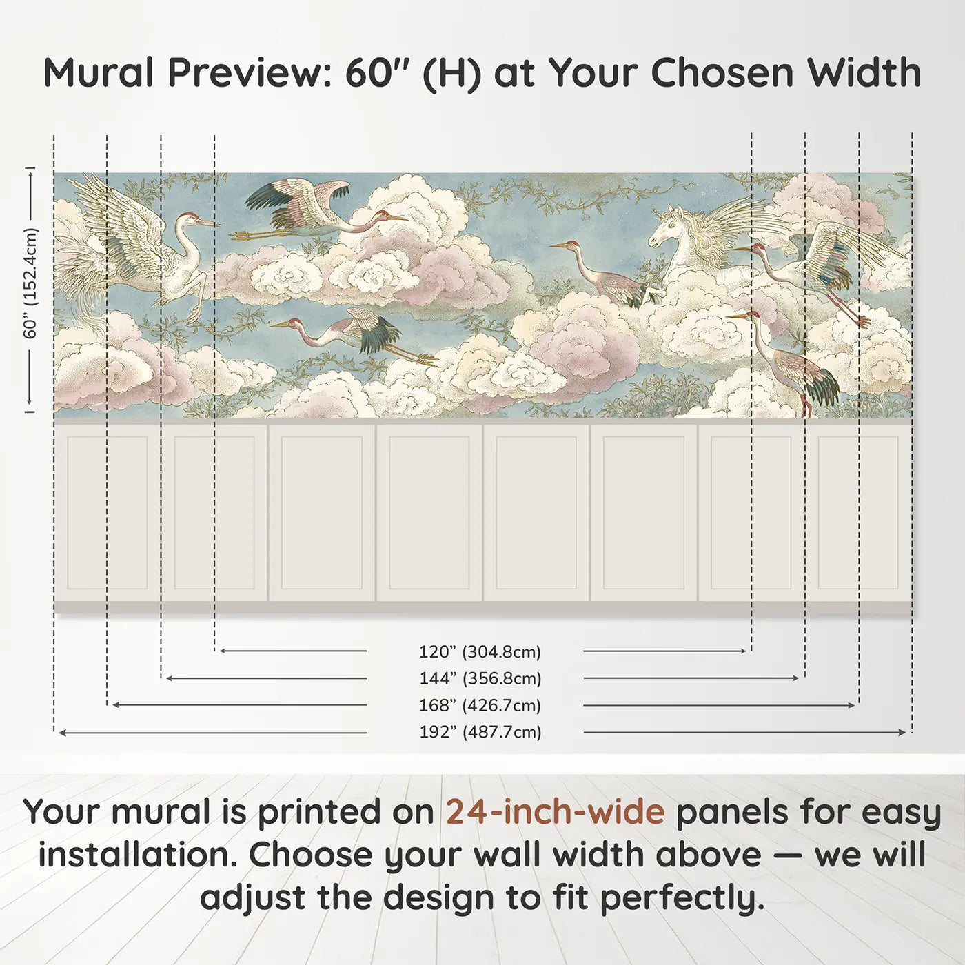 Panel dimensions for Pegasus Cloud Crane Meeting Wainscoting Wallpaper by Whimsy Tots