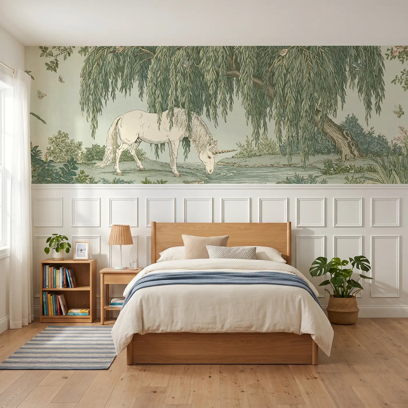 Botanical Elegance unicorn willow stream toile wainscoting wallpaper for bedroom by Whimsy Tots