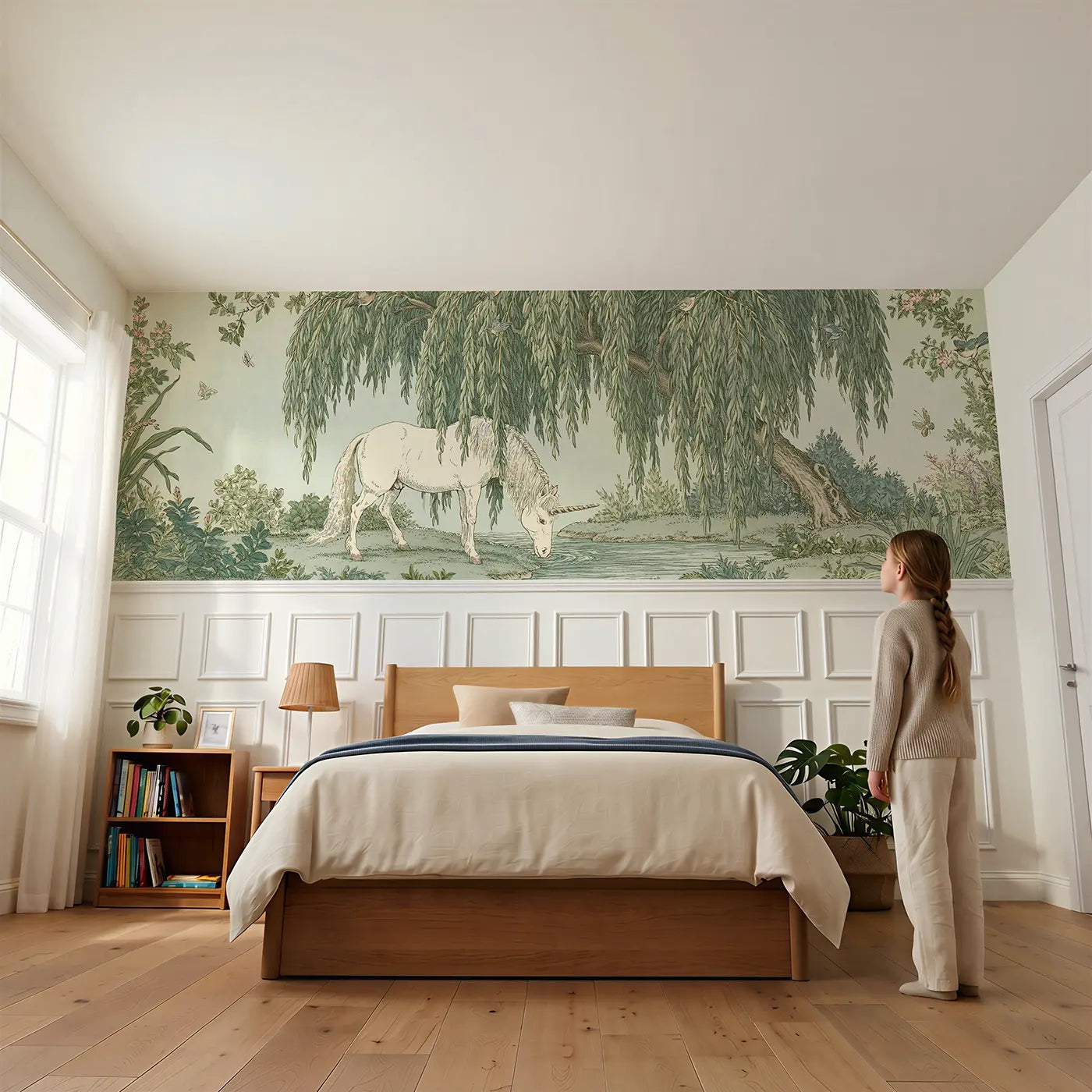Child reading near Unicorn Willow Stream Scene Wainscoting Wallpaper by Whimsy Tots