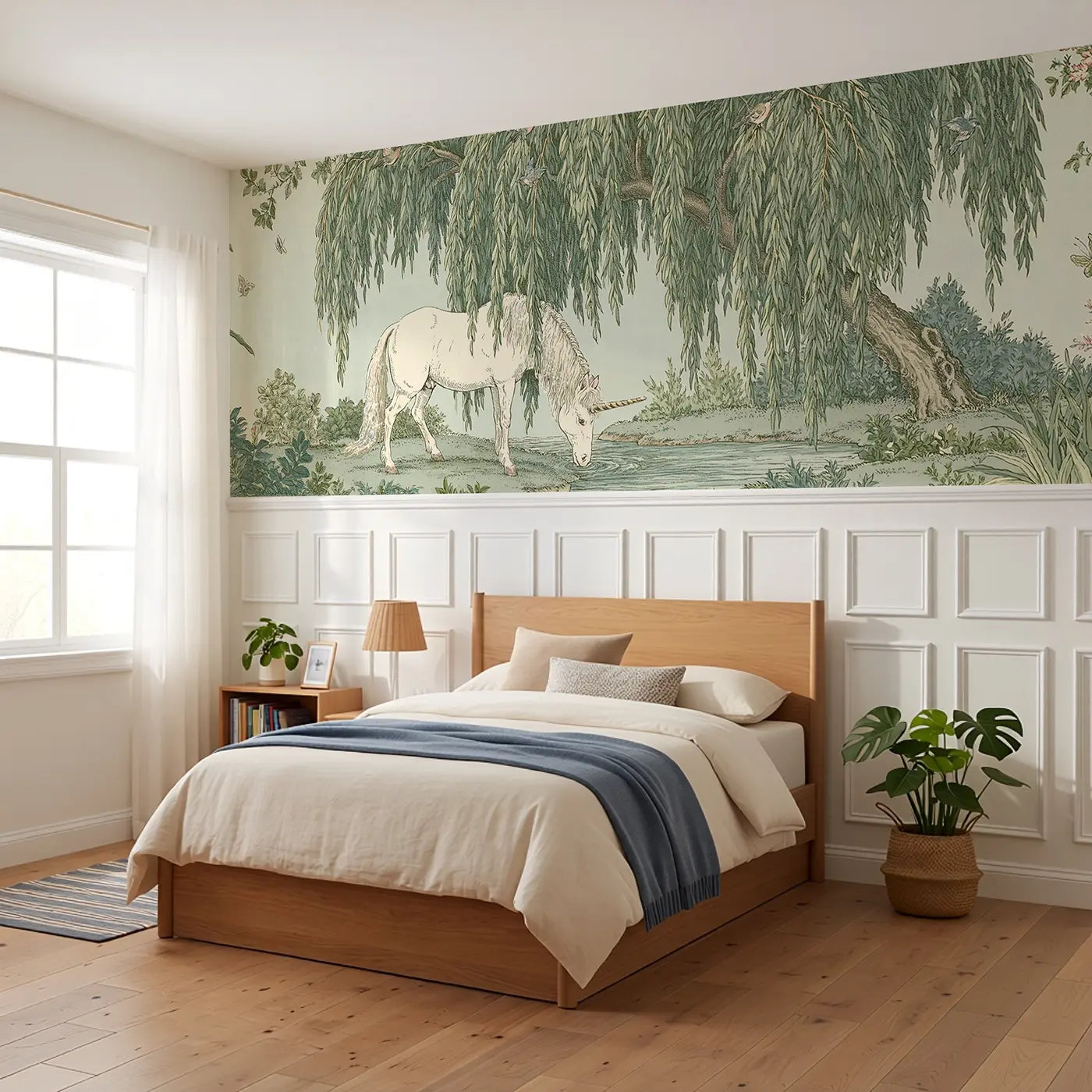 Unicorn Willow Stream Scene Wainscoting Wallpaper styled in a kids bedroom by Whimsy Tots