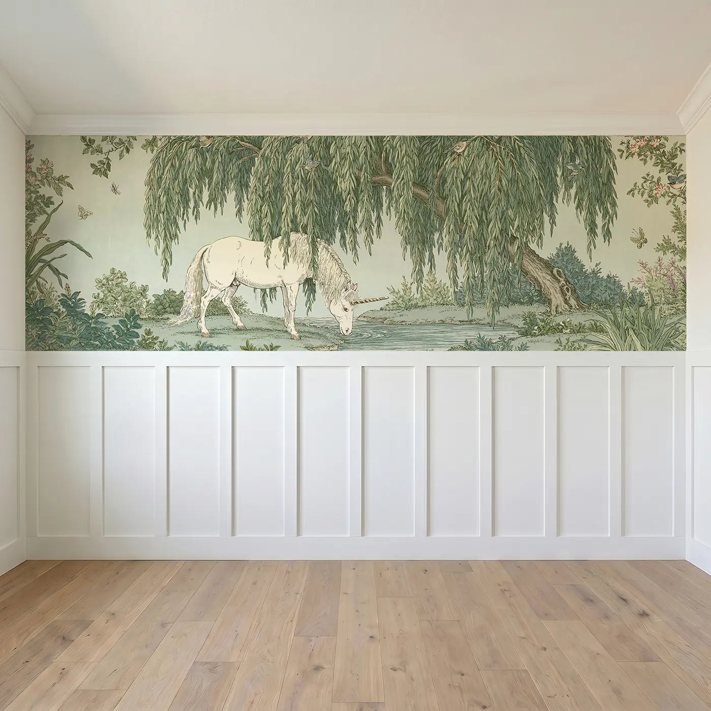 Full panel view of Unicorn Willow Stream Scene Wainscoting Wallpaper by Whimsy Tots