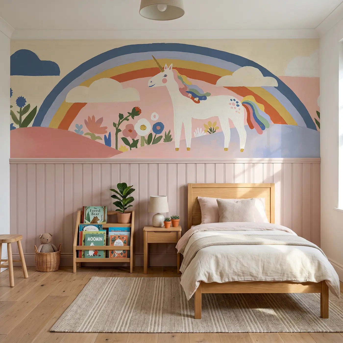 Modern Illustration unicorn rainbow hill wainscoting wallpaper for bedroom by Whimsy Tots