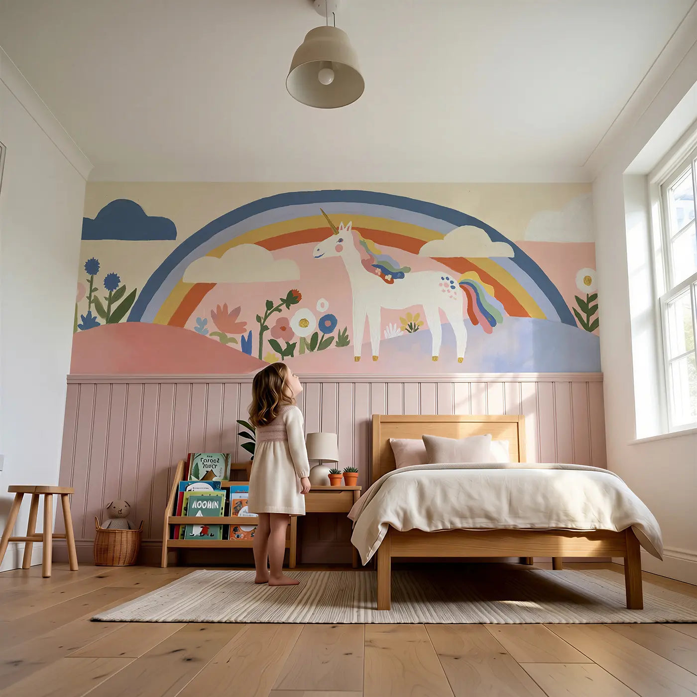 Child reading near Flat Unicorn Rainbow Hill Wainscoting Wallpaper by Whimsy Tots