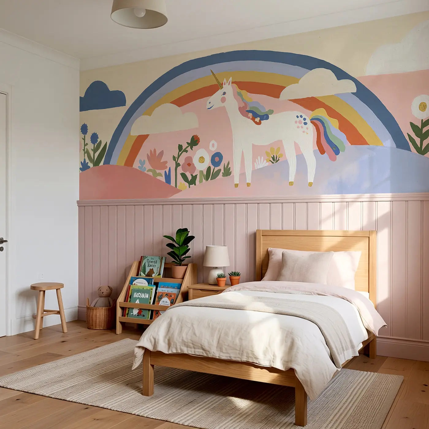 Flat Unicorn Rainbow Hill Wainscoting Wallpaper styled in a kids bedroom by Whimsy Tots