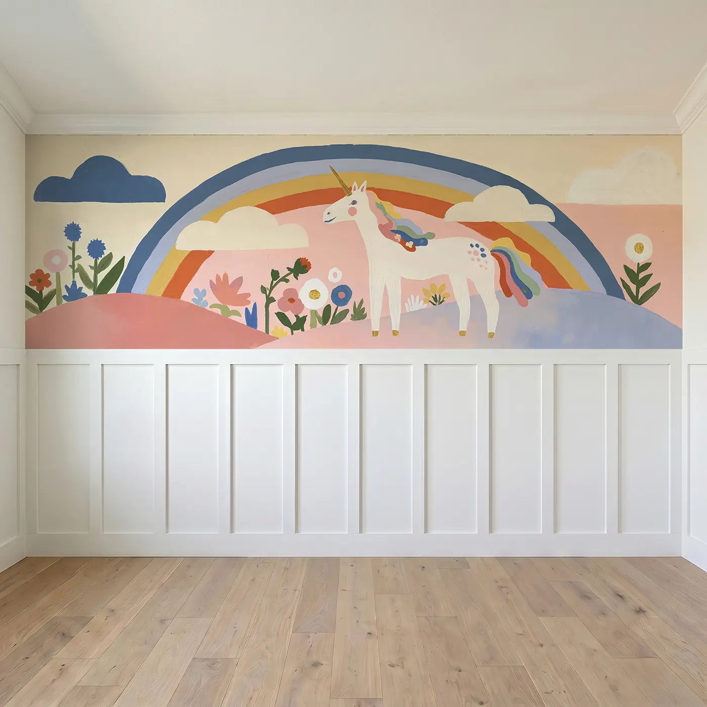 Full panel view of Flat Unicorn Rainbow Hill Wainscoting Wallpaper by Whimsy Tots