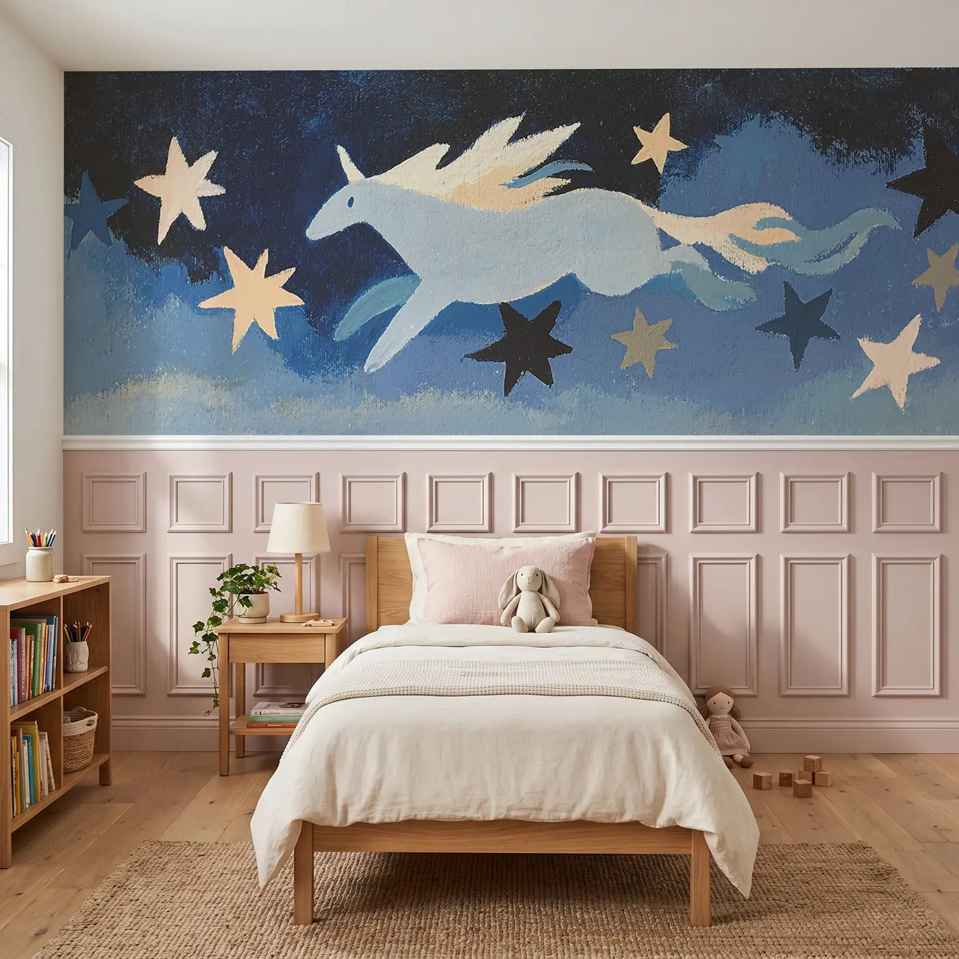 Modern Illustration pegasus star trail wainscoting wallpaper for bedroom by Whimsy Tots