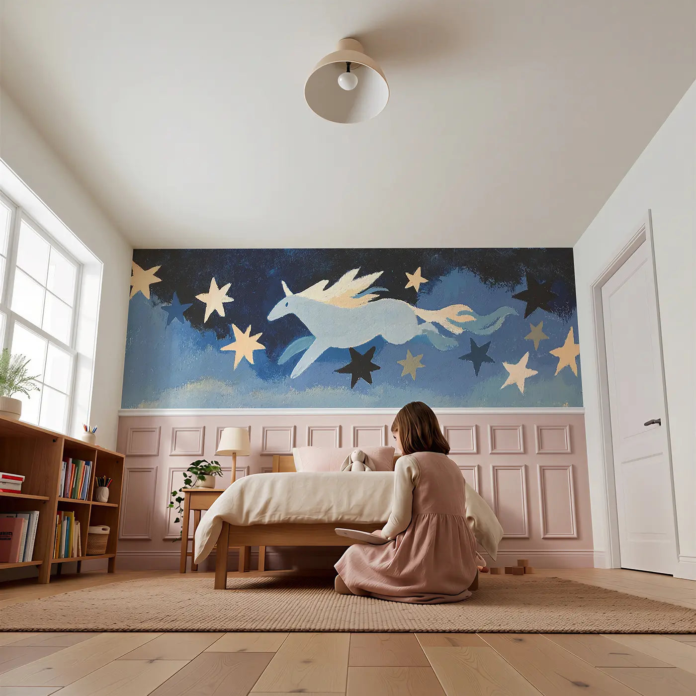 Child reading near Graphic Pegasus Star Trail Wainscoting Wallpaper by Whimsy Tots