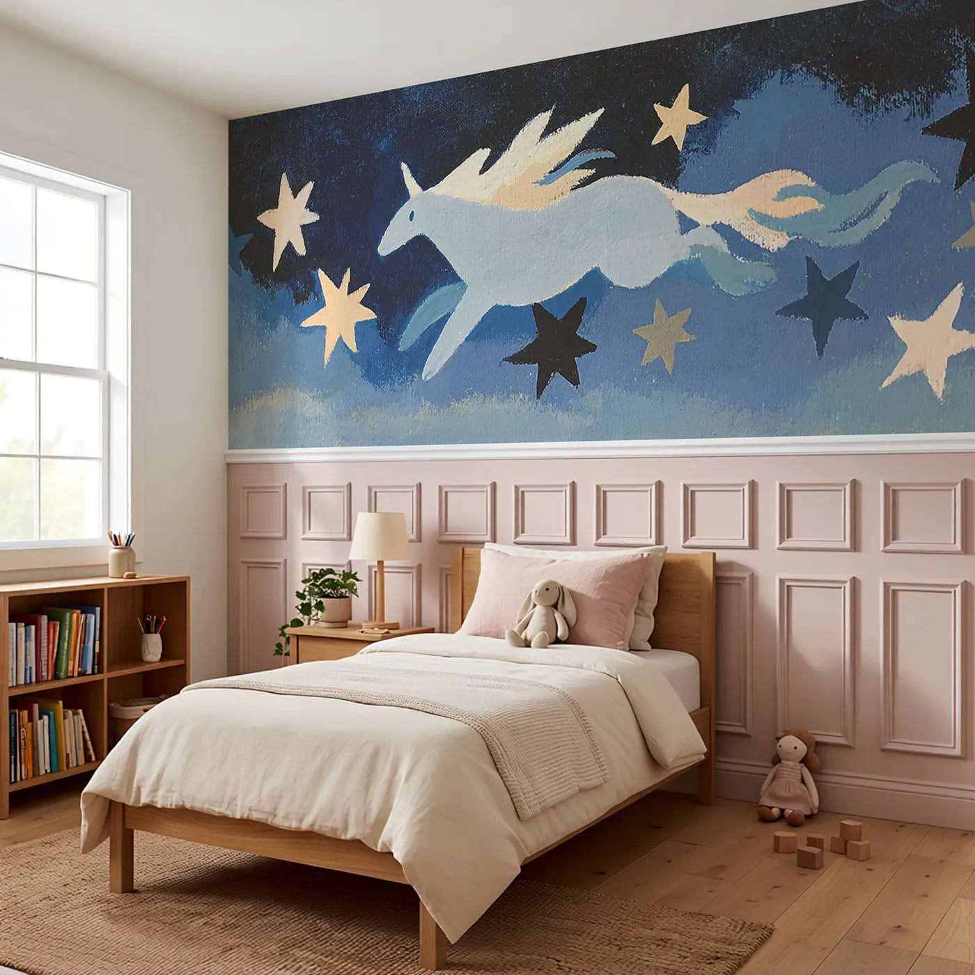 Graphic Pegasus Star Trail Wainscoting Wallpaper styled in a kids bedroom by Whimsy Tots