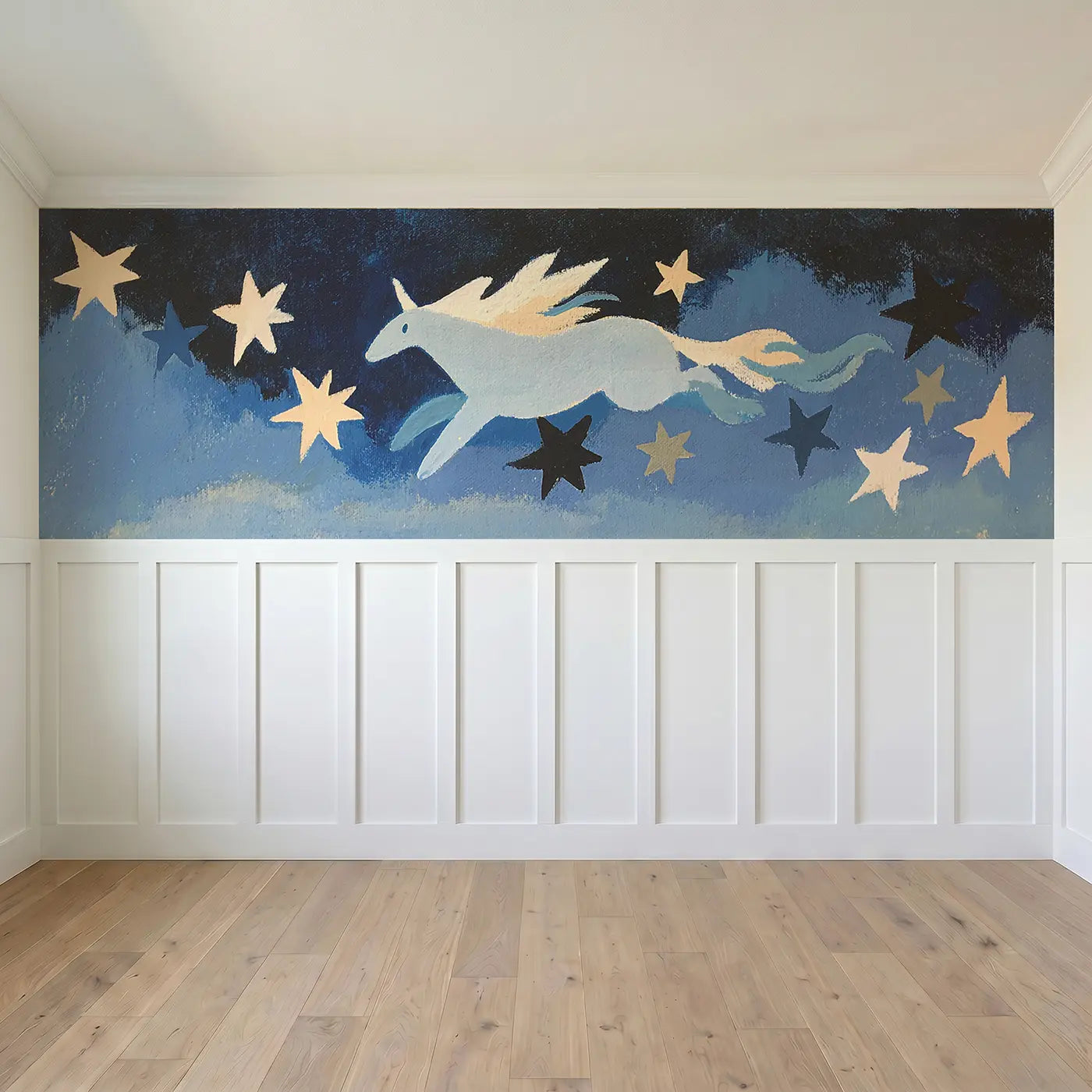 Full panel view of Graphic Pegasus Star Trail Wainscoting Wallpaper by Whimsy Tots