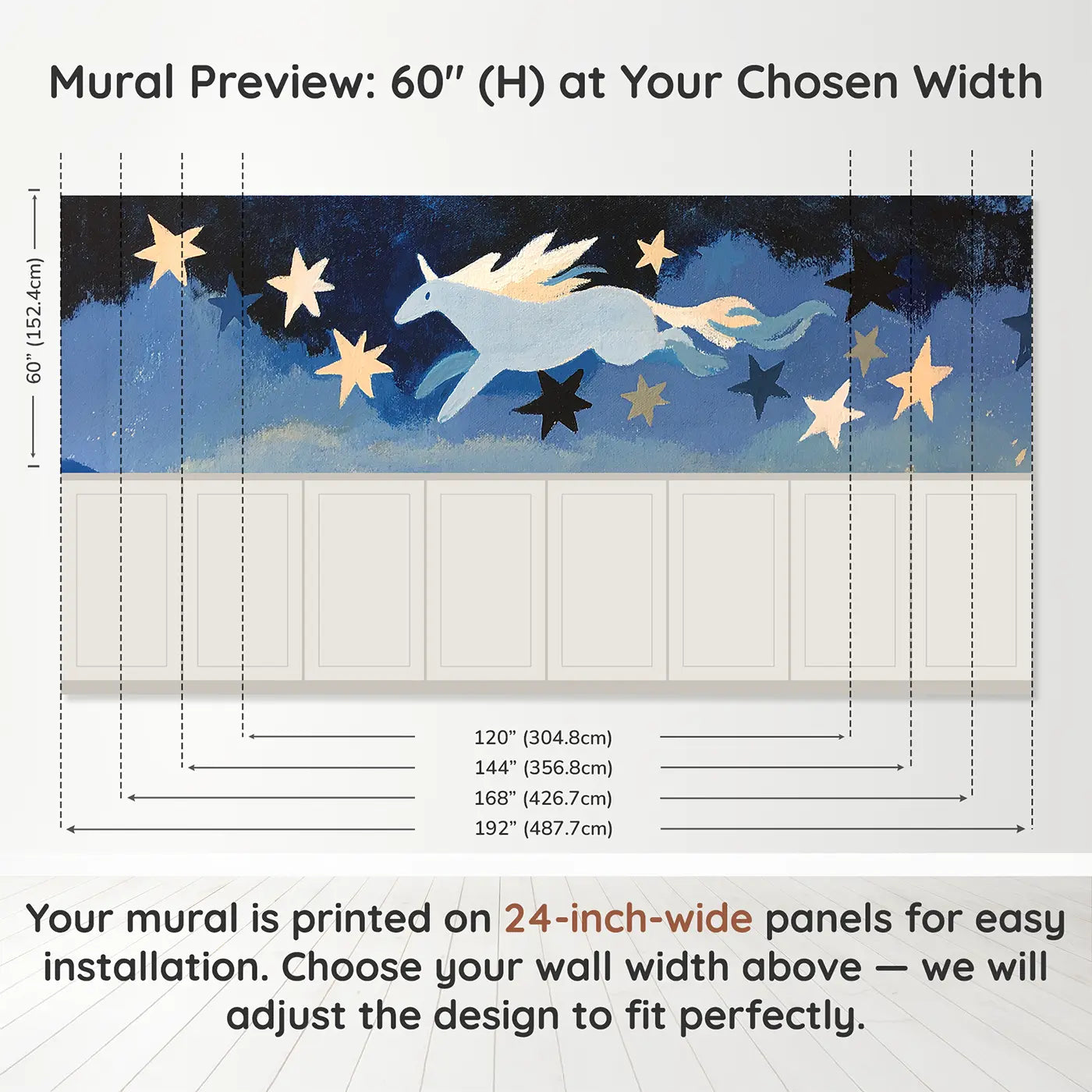 Panel dimensions for Graphic Pegasus Star Trail Wainscoting Wallpaper by Whimsy Tots