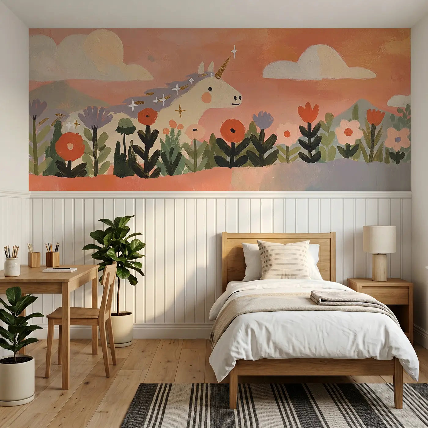 Modern Illustration unicorn flower field wainscoting wallpaper for bedroom by Whimsy Tots