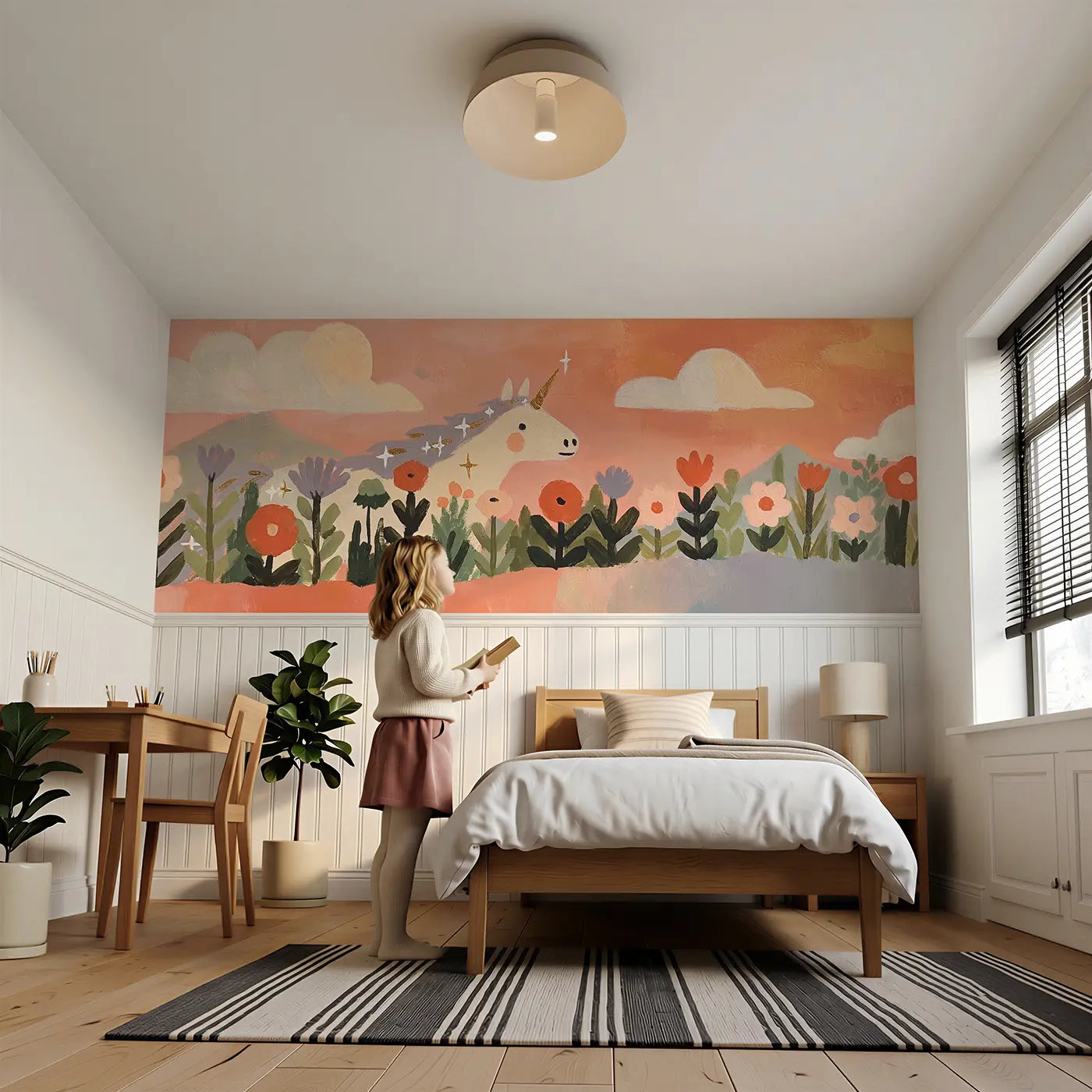 Child reading near Scandi Unicorn Flower Field Wainscoting Wallpaper by Whimsy Tots