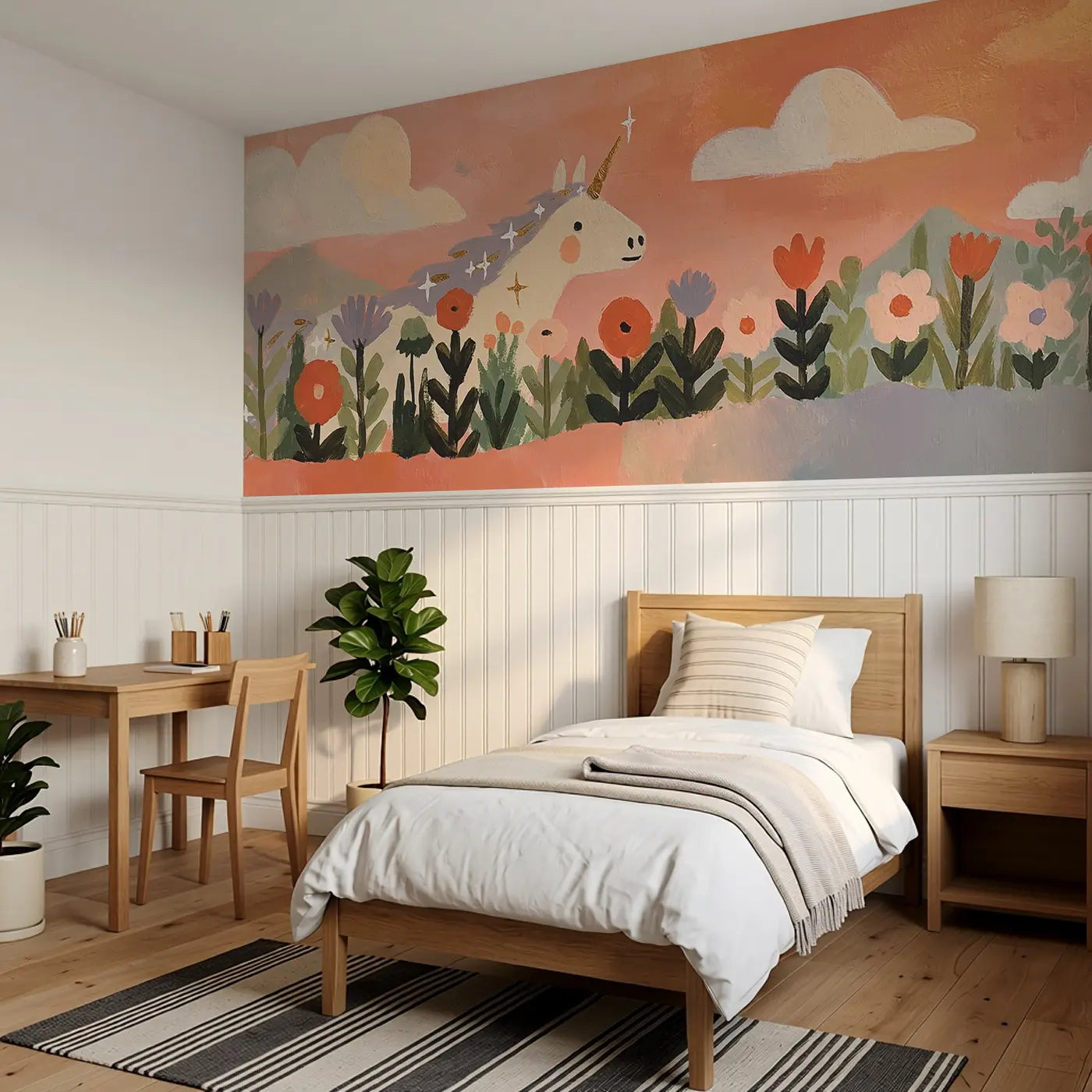 Scandi Unicorn Flower Field Wainscoting Wallpaper styled in a kids bedroom by Whimsy Tots