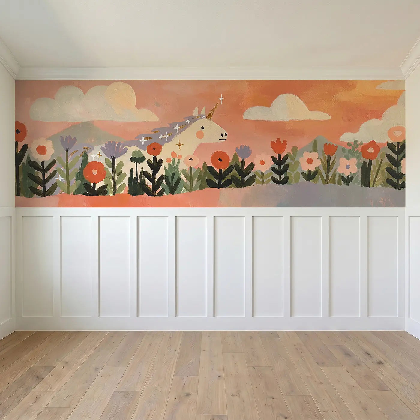 Full panel view of Scandi Unicorn Flower Field Wainscoting Wallpaper by Whimsy Tots