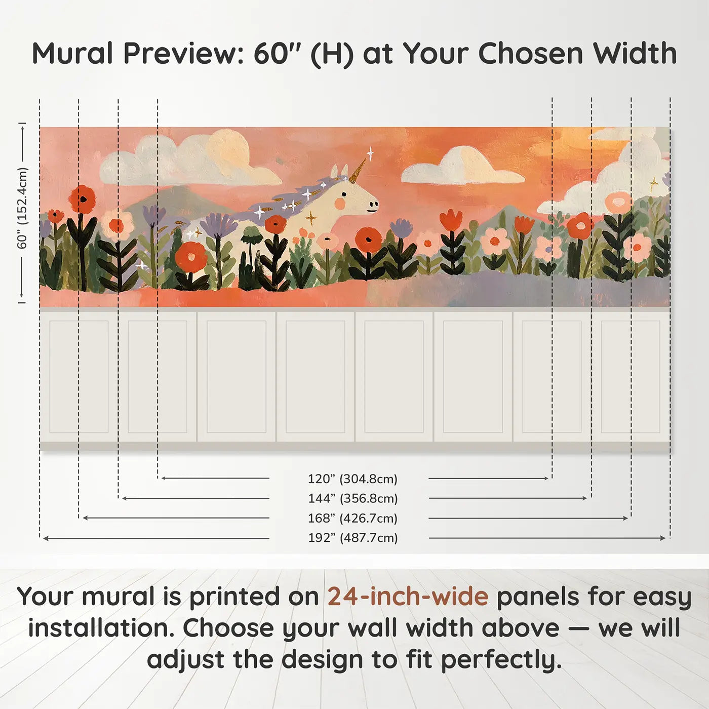Panel dimensions for Scandi Unicorn Flower Field Wainscoting Wallpaper by Whimsy Tots