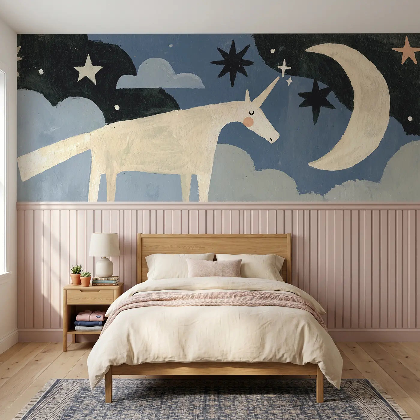 Modern Illustration unicorn moon star night wainscoting wallpaper for bedroom by Whimsy Tots