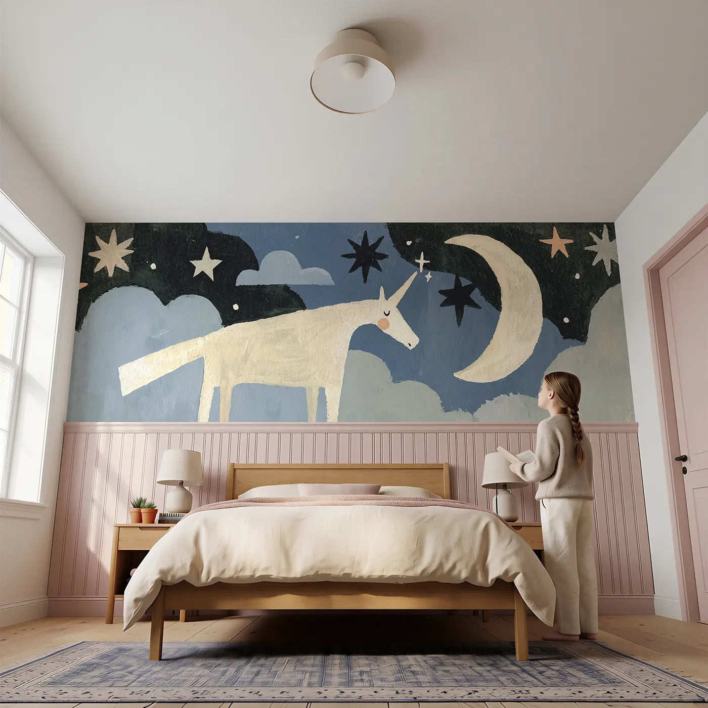 Child reading near Bold Unicorn Moon Star Night Wainscoting Wallpaper by Whimsy Tots