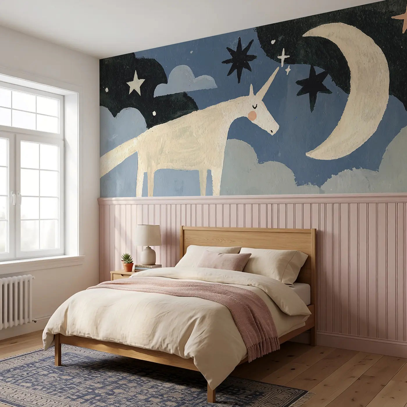 Bold Unicorn Moon Star Night Wainscoting Wallpaper styled in a kids bedroom by Whimsy Tots