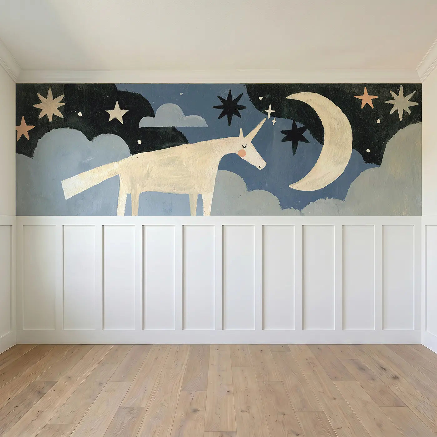 Full panel view of Bold Unicorn Moon Star Night Wainscoting Wallpaper by Whimsy Tots