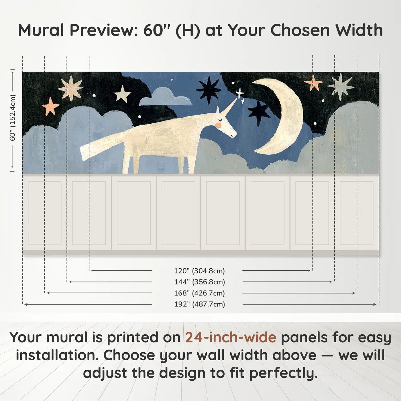 Panel dimensions for Bold Unicorn Moon Star Night Wainscoting Wallpaper by Whimsy Tots