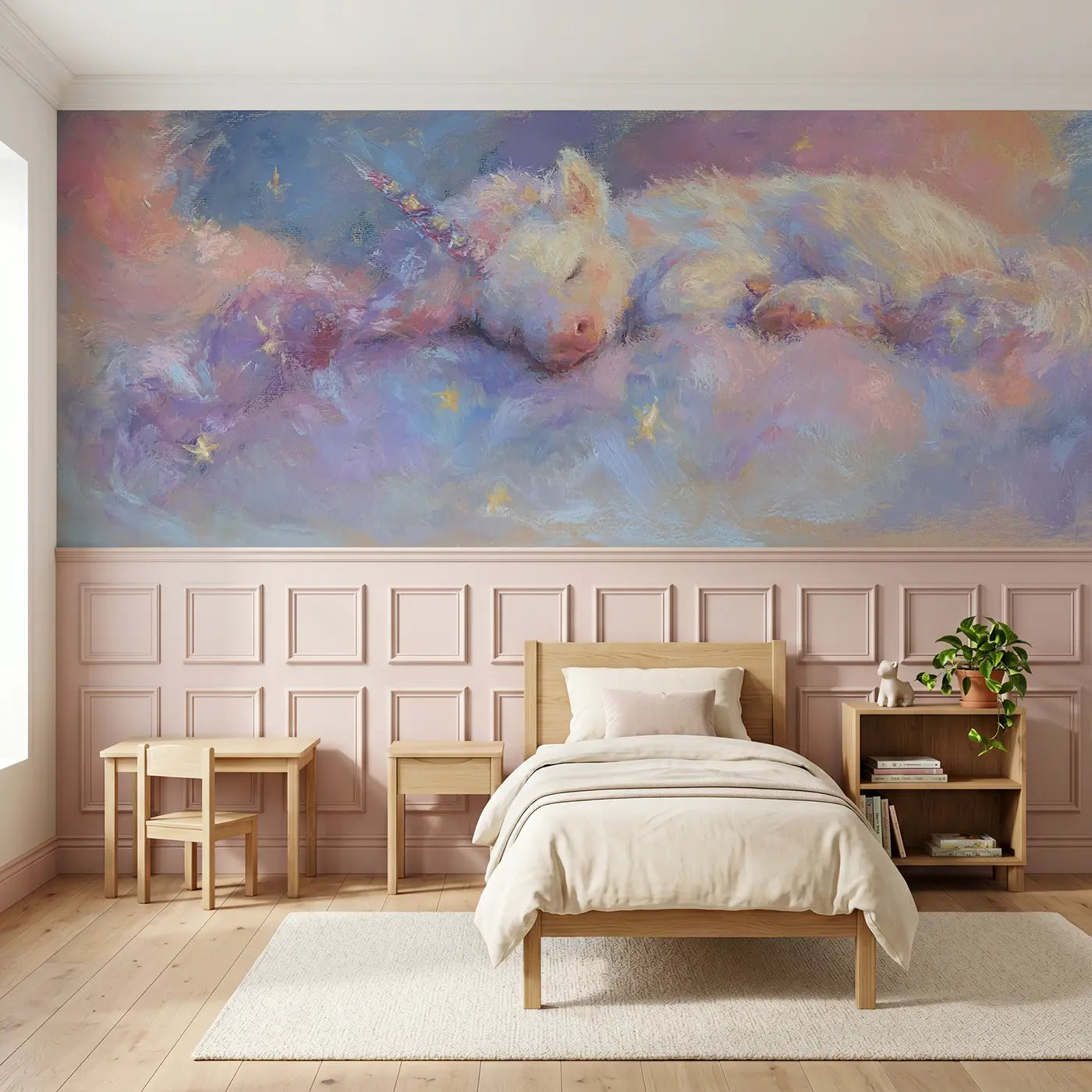 Soft Pastel unicorn fluffy cloud nap chalk wainscoting wallpaper for nursery by Whimsy Tots