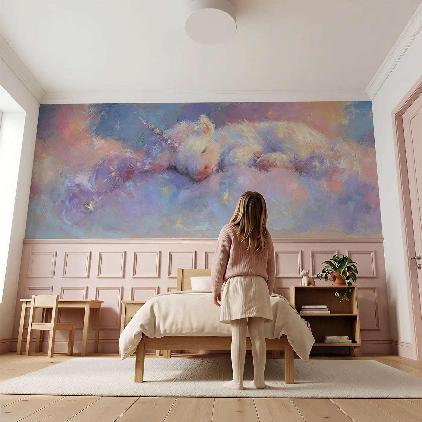 Child reading near Chalk Unicorn Fluffy Cloud Nap Wainscoting Wallpaper by Whimsy Tots