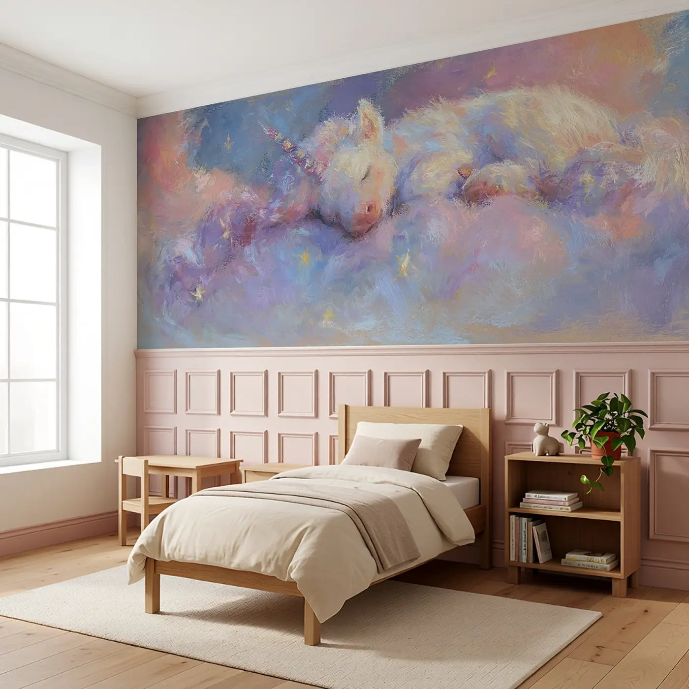 Chalk Unicorn Fluffy Cloud Nap Wainscoting Wallpaper styled in a kids bedroom by Whimsy Tots