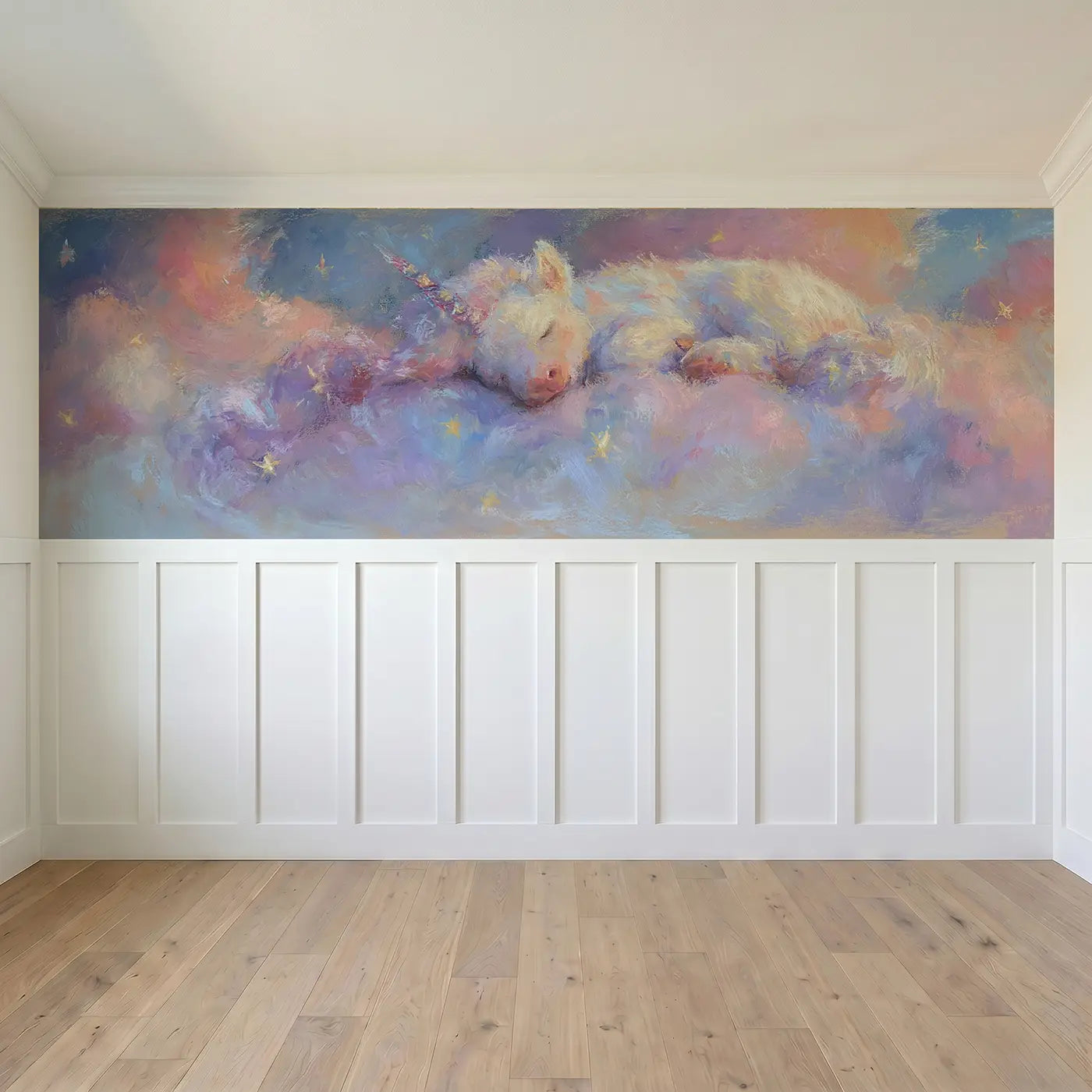 Full panel view of Chalk Unicorn Fluffy Cloud Nap Wainscoting Wallpaper by Whimsy Tots