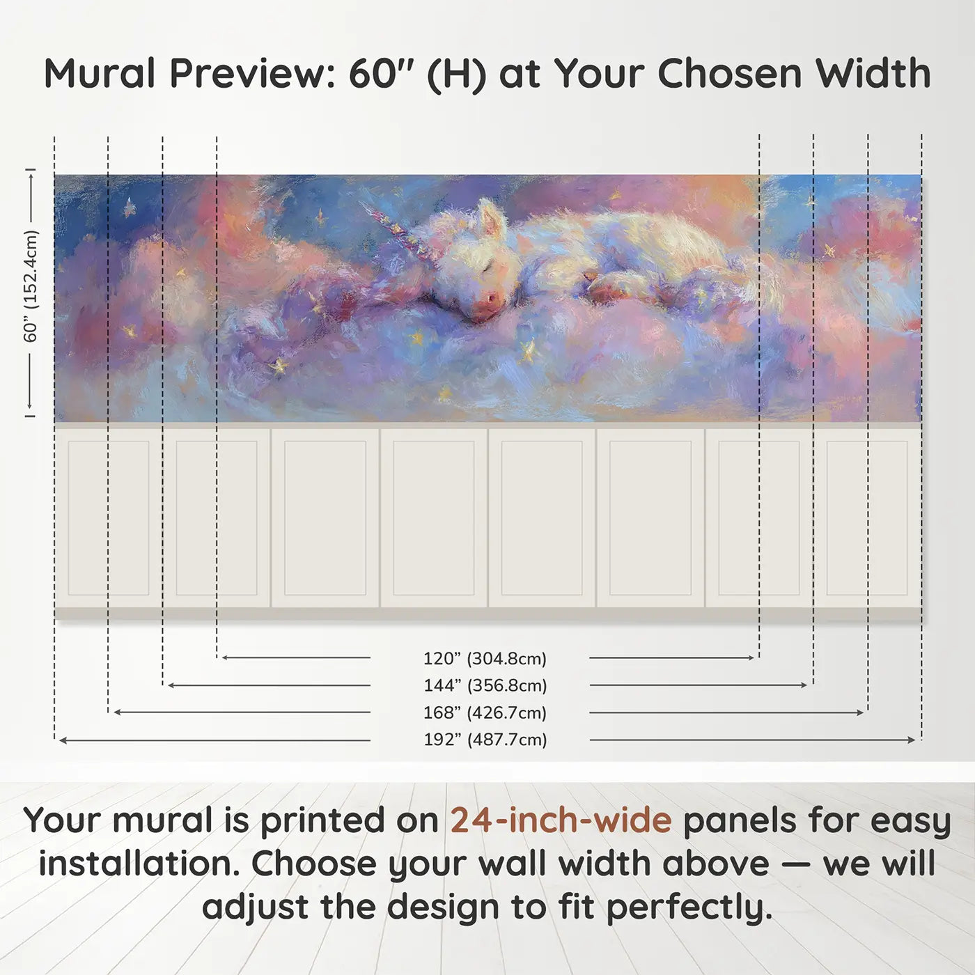 Panel dimensions for Chalk Unicorn Fluffy Cloud Nap Wainscoting Wallpaper by Whimsy Tots