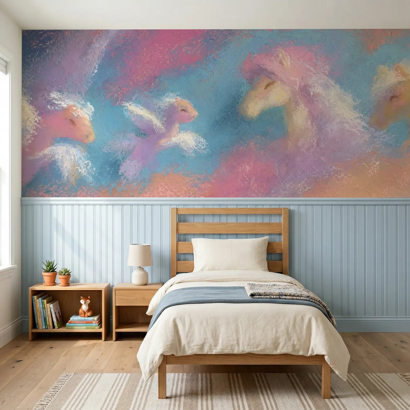 Soft Pastel pegasus baby first flight wainscoting wallpaper for nursery by Whimsy Tots
