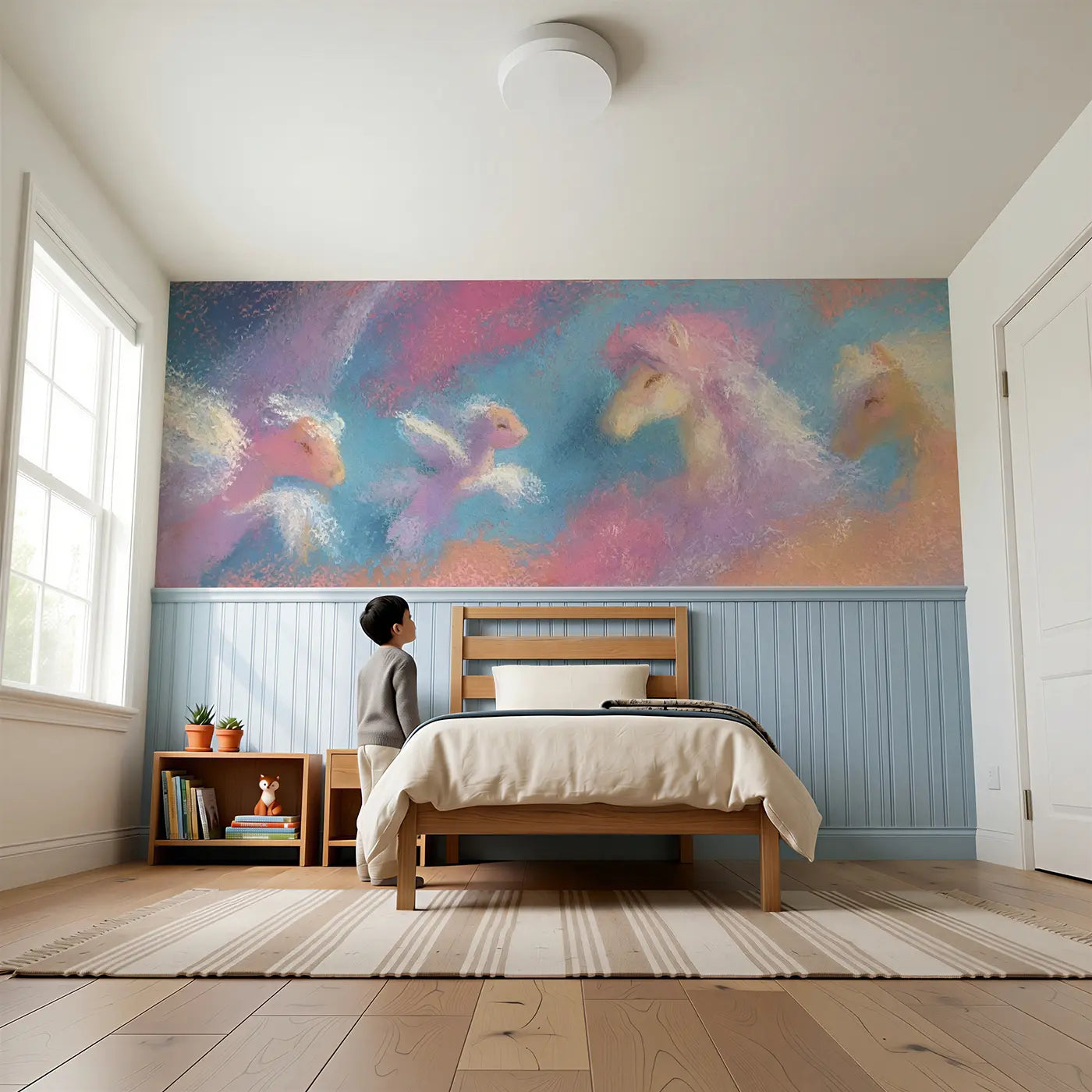 Child reading near Fuzzy Pegasus Baby First Flight Wainscoting Wallpaper by Whimsy Tots