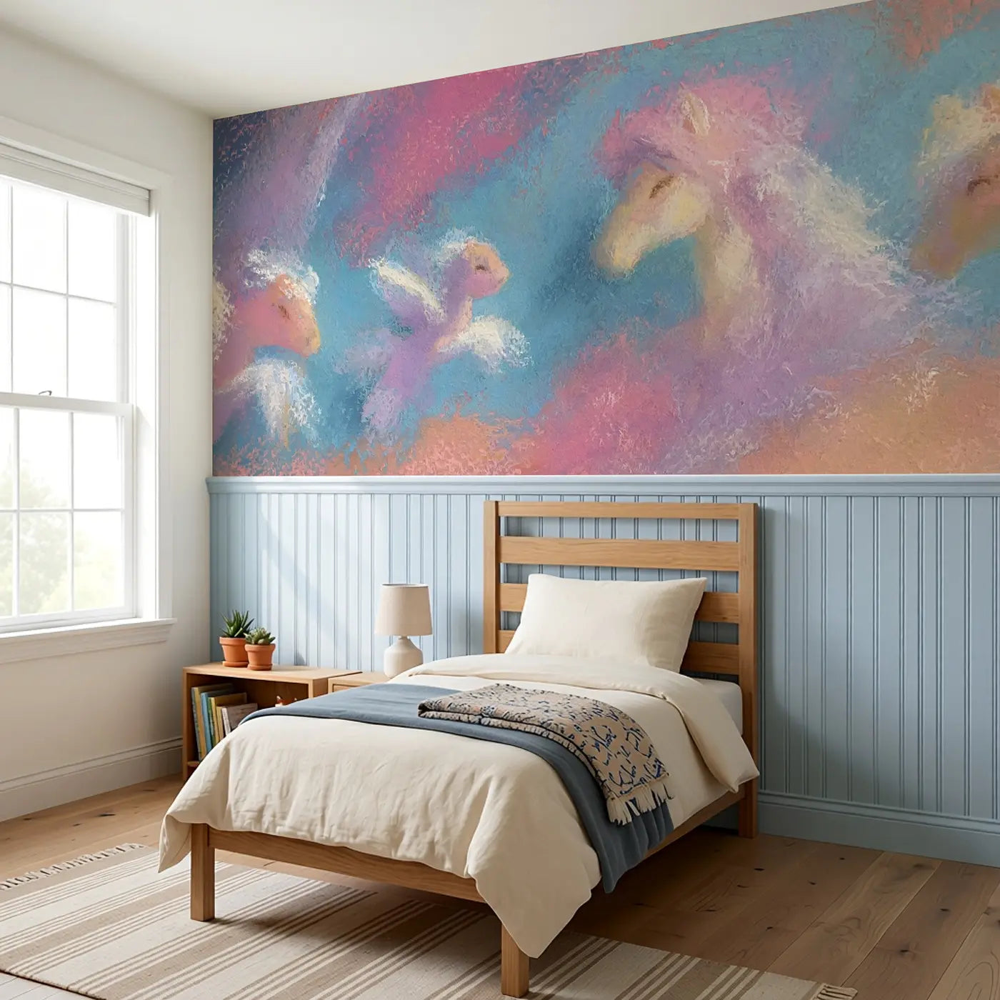 Fuzzy Pegasus Baby First Flight Wainscoting Wallpaper styled in a kids bedroom by Whimsy Tots