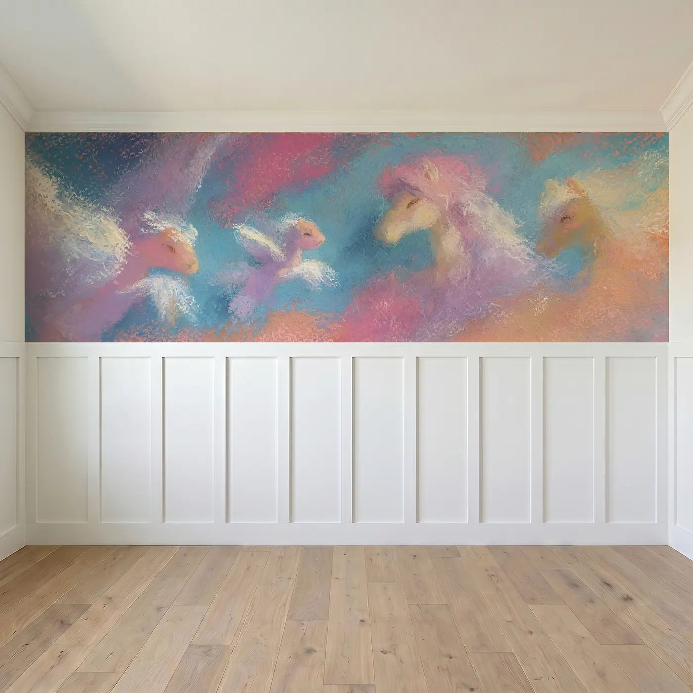 Full panel view of Fuzzy Pegasus Baby First Flight Wainscoting Wallpaper by Whimsy Tots
