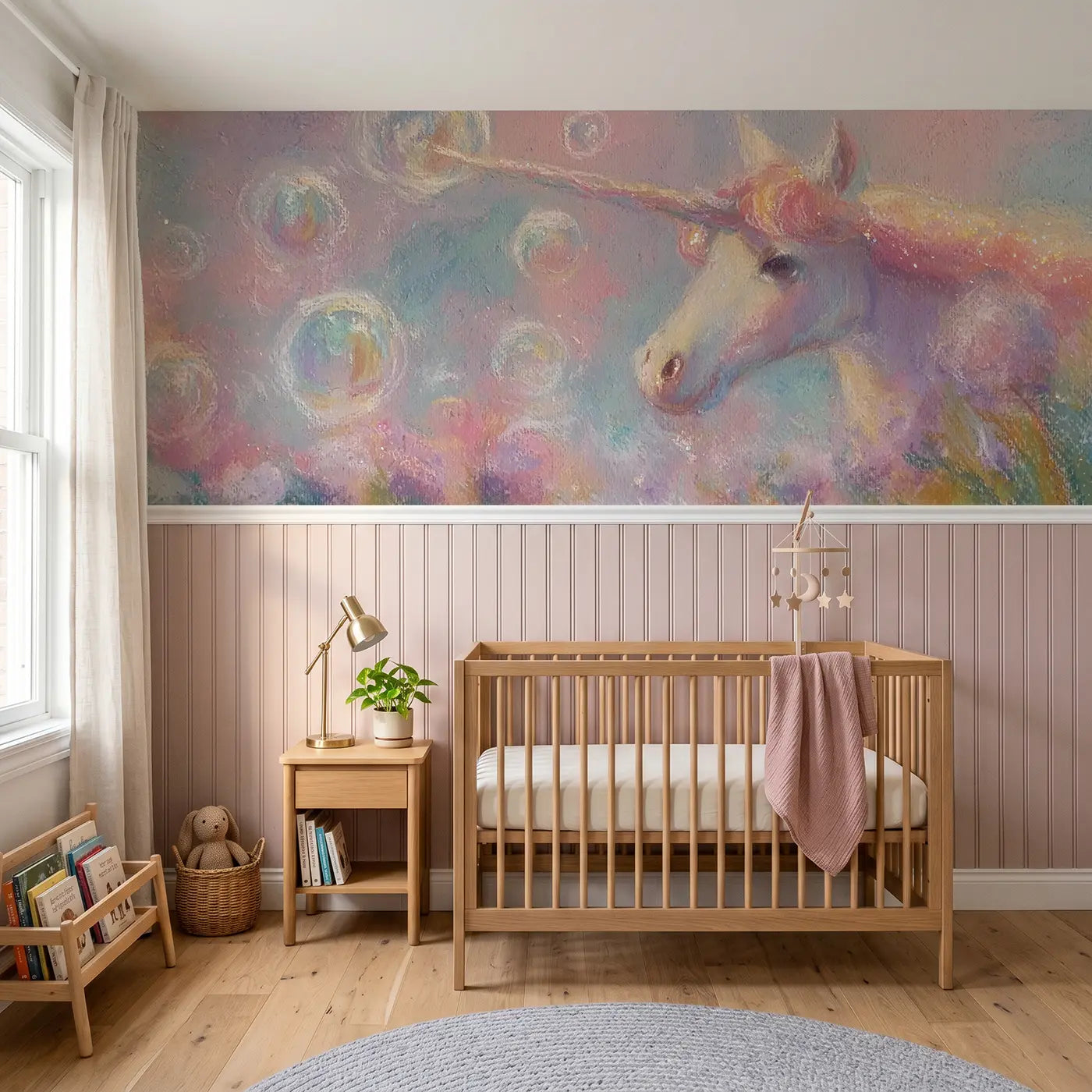 Soft Pastel unicorn bubble garden chalk wainscoting wallpaper for nursery by Whimsy Tots