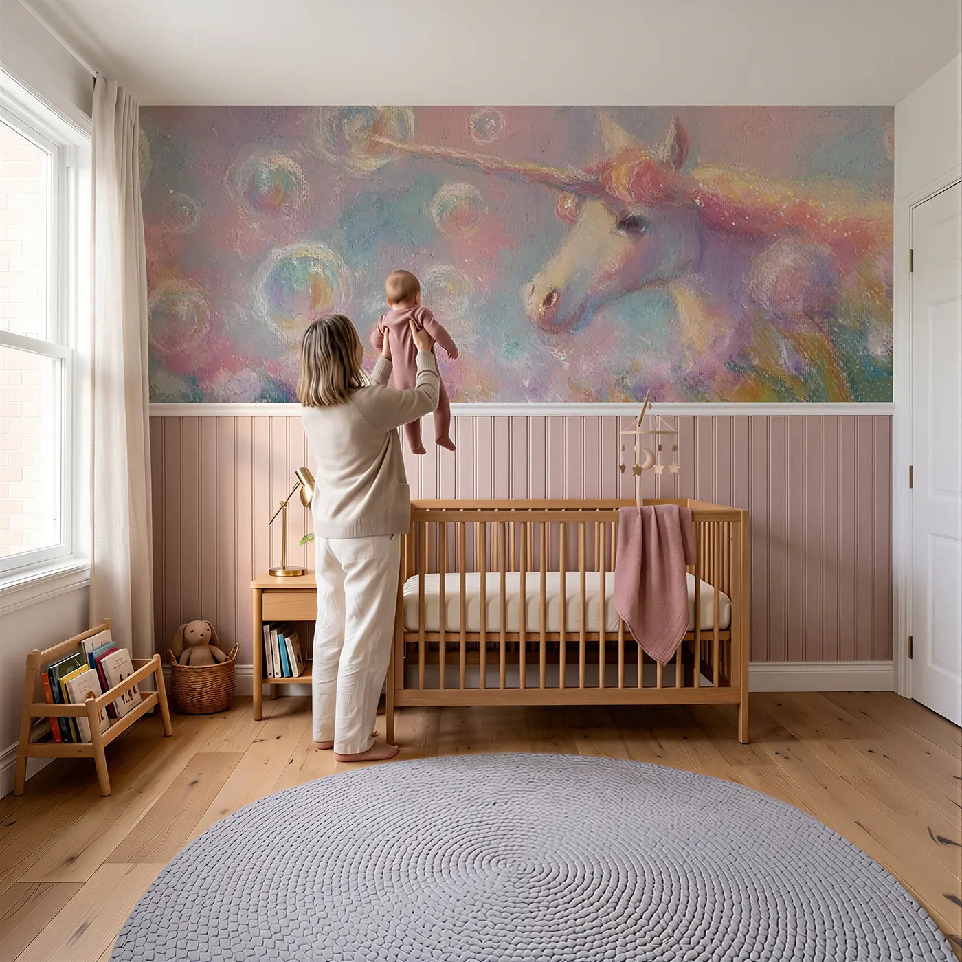 Child reading near Pastel Unicorn Bubble Garden Wainscoting Wallpaper by Whimsy Tots
