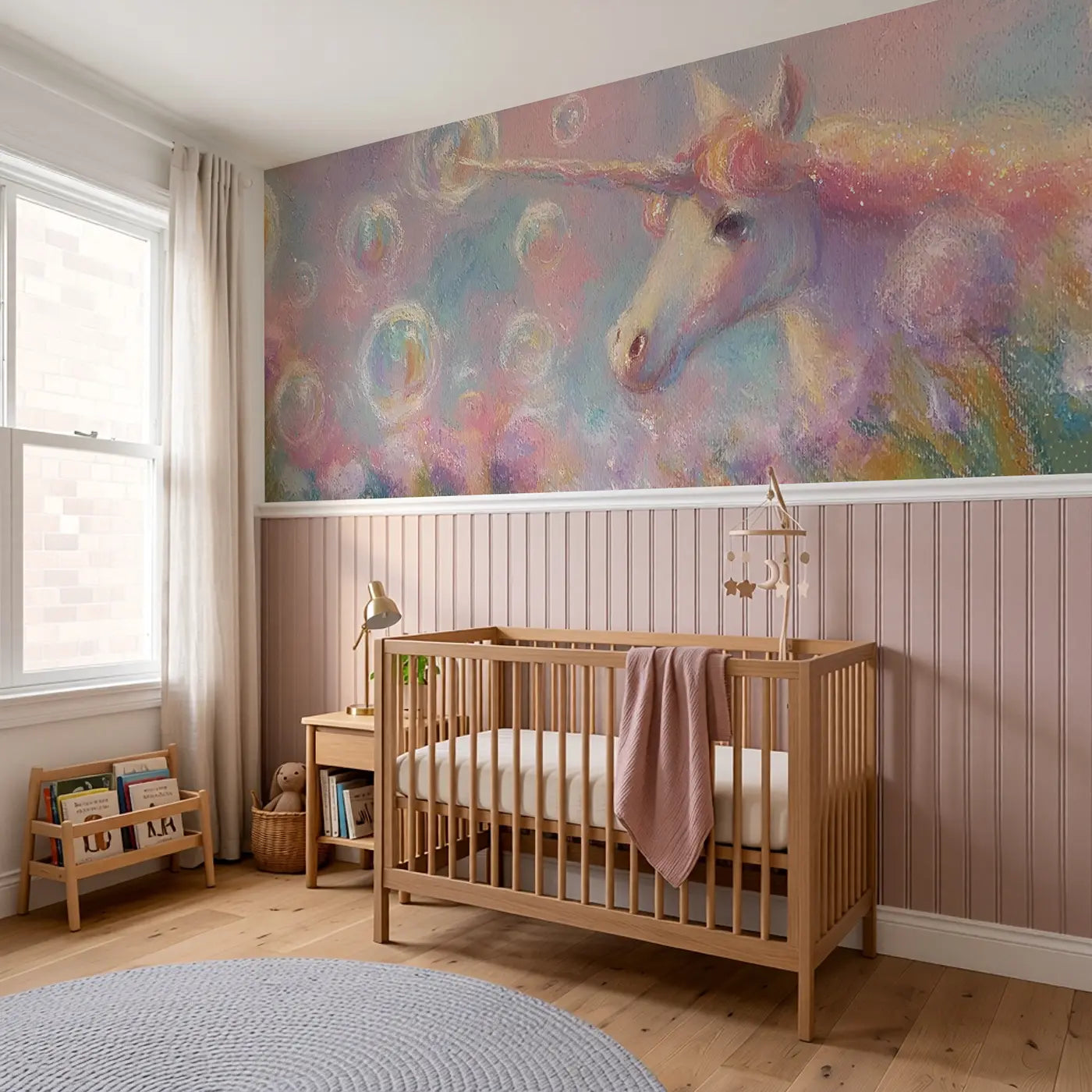 Pastel Unicorn Bubble Garden Wainscoting Wallpaper styled in a kids bedroom by Whimsy Tots