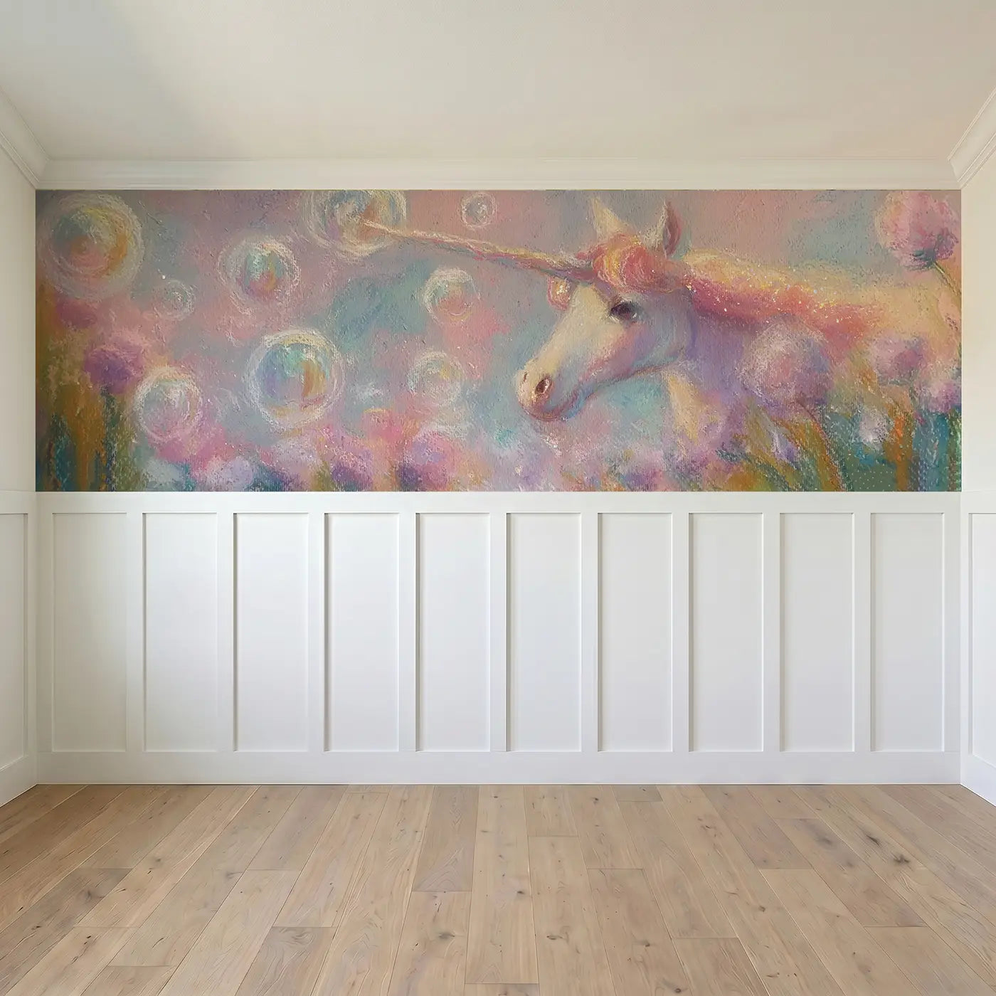 Full panel view of Pastel Unicorn Bubble Garden Wainscoting Wallpaper by Whimsy Tots