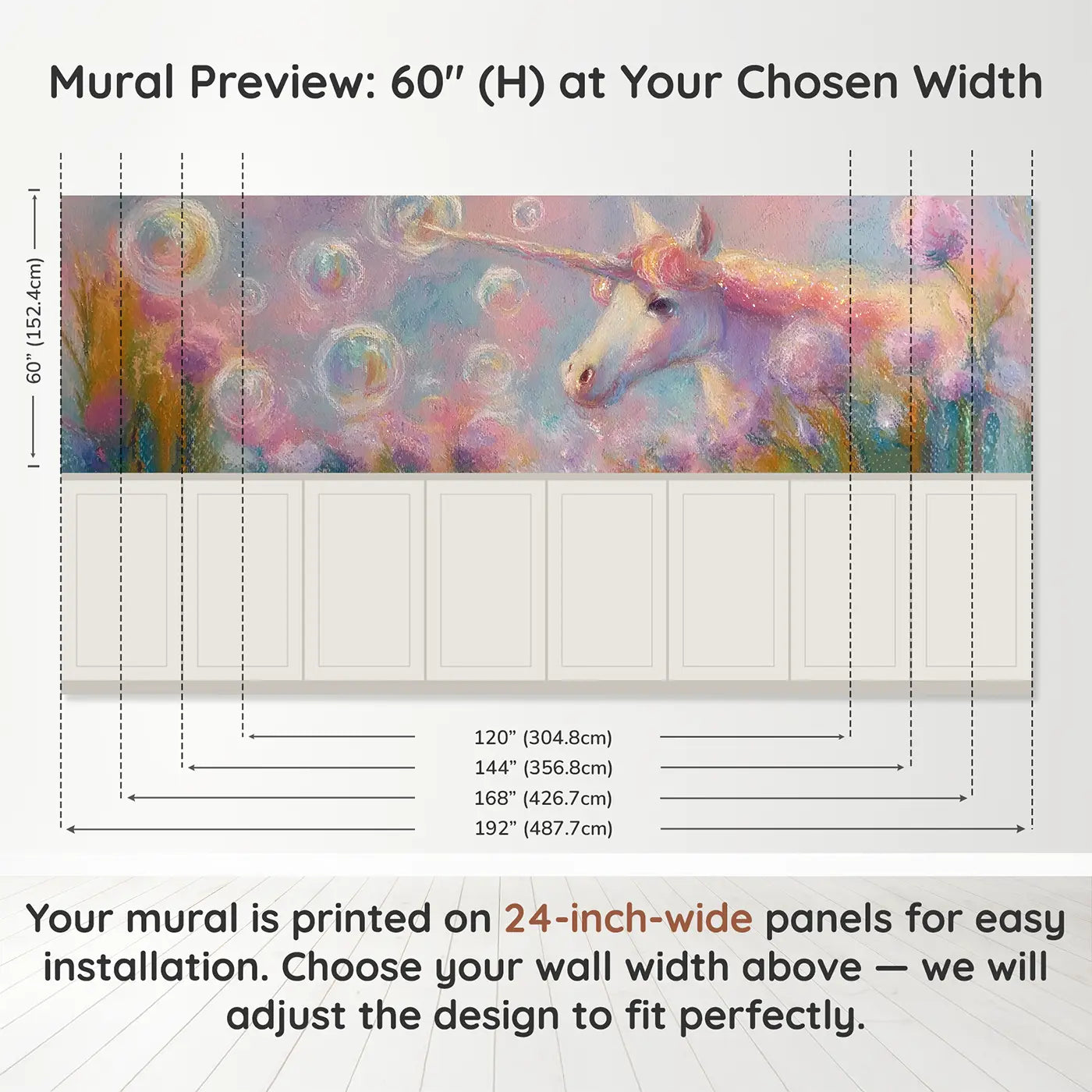 Panel dimensions for Pastel Unicorn Bubble Garden Wainscoting Wallpaper by Whimsy Tots