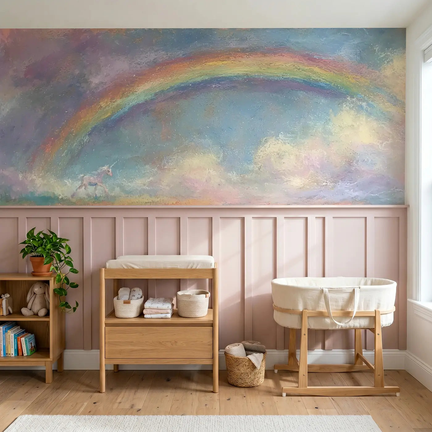 Soft Pastel unicorn rainbow road chalk wainscoting wallpaper for nursery by Whimsy Tots