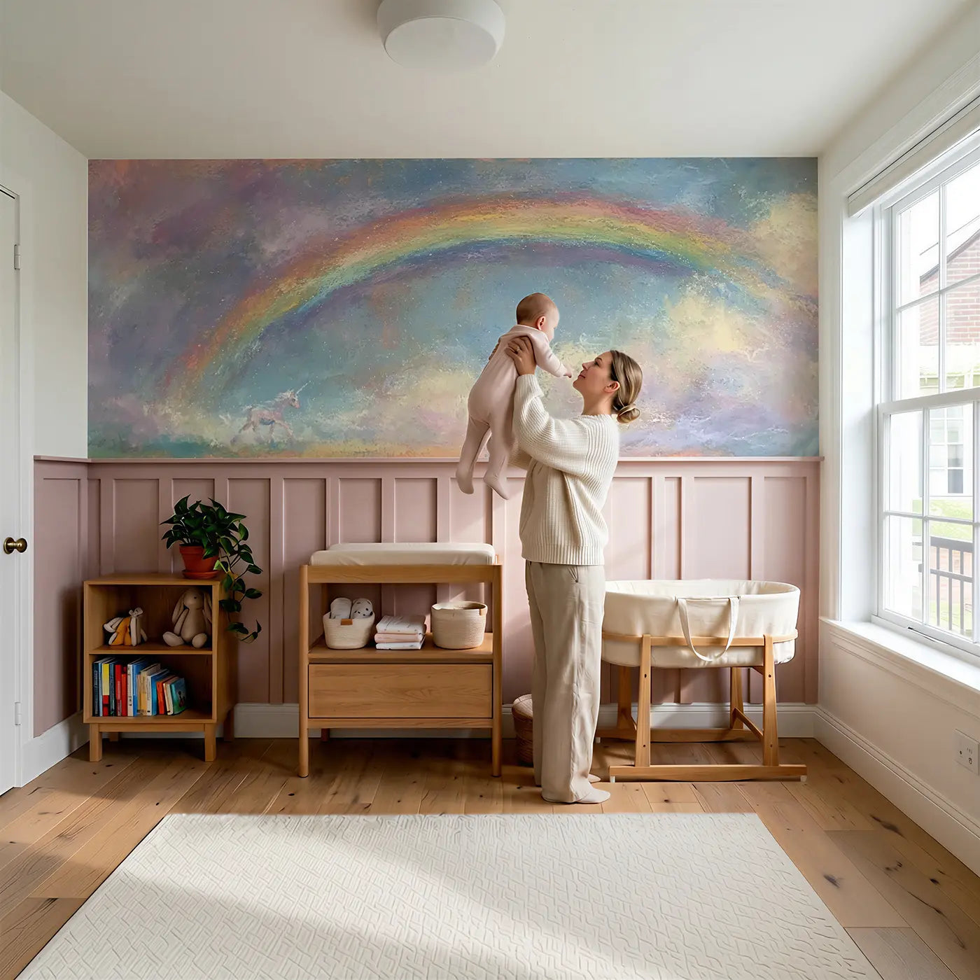 Child reading near Chalk Unicorn Rainbow Road Wainscoting Wallpaper by Whimsy Tots