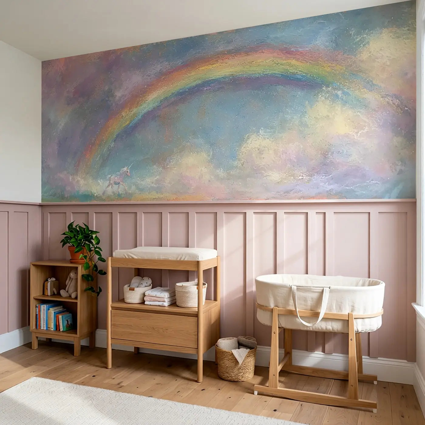 Chalk Unicorn Rainbow Road Wainscoting Wallpaper styled in a kids bedroom by Whimsy Tots