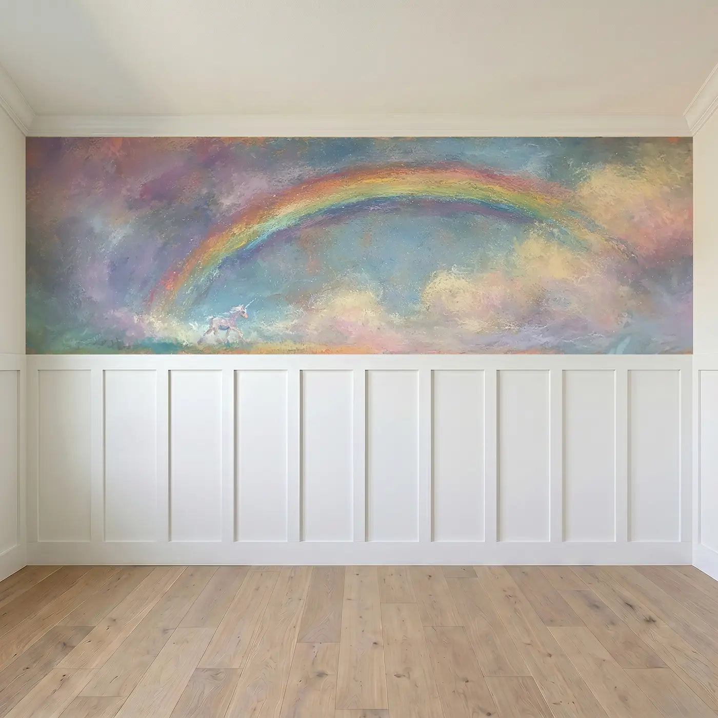 Full panel view of Chalk Unicorn Rainbow Road Wainscoting Wallpaper by Whimsy Tots