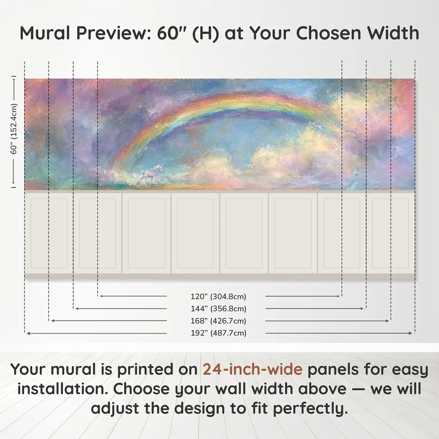 Panel dimensions for Chalk Unicorn Rainbow Road Wainscoting Wallpaper by Whimsy Tots